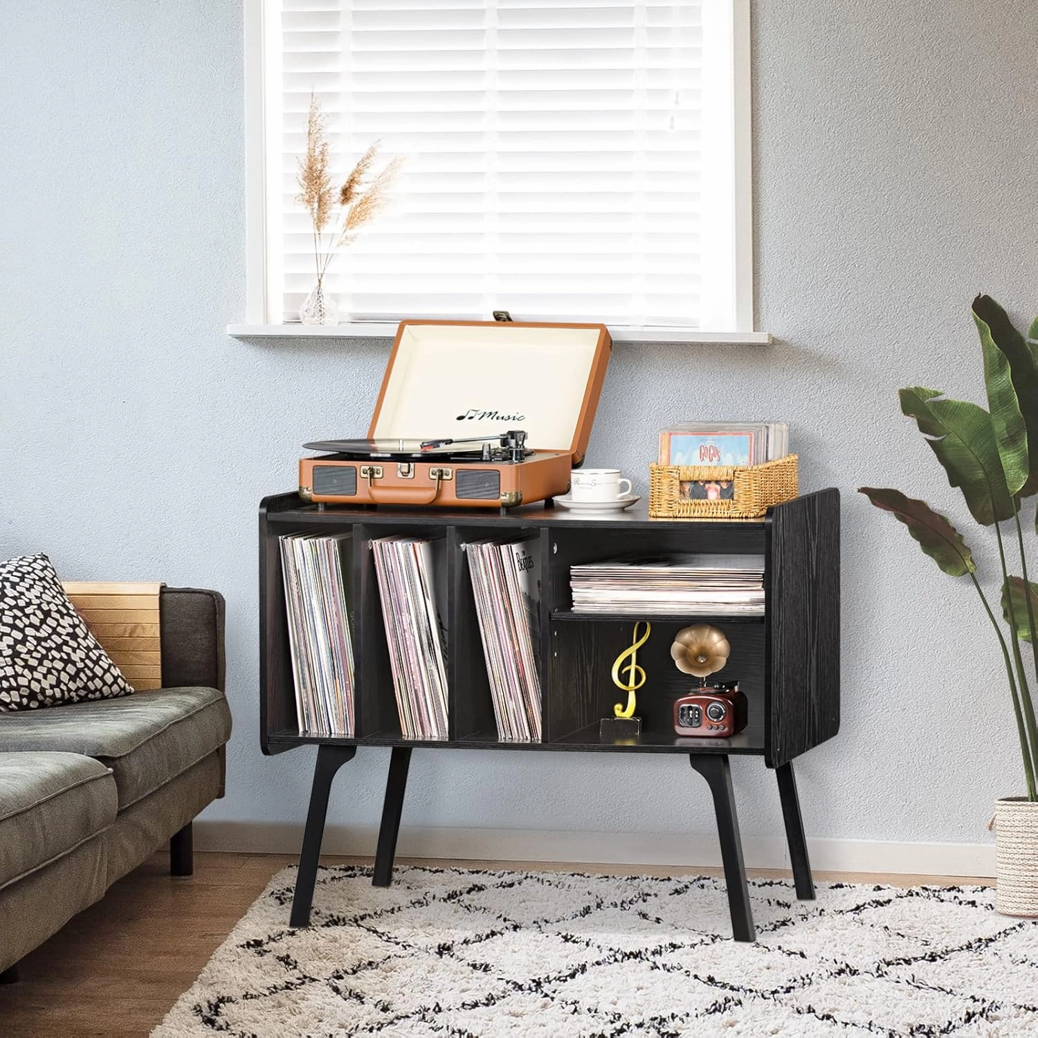 Lerliuo Record Player Stand with 4 Cabinet Holds Up to 220 Albums, Large Turntable Stand with Beech Wood Legs, Mid-Century Record Player Table,Black Vinyl Holder Storage Shelf for Bedroom Living Room