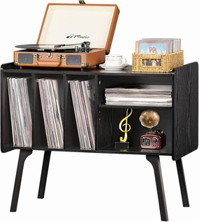 Lerliuo Record Player Stand with 4 Cabinet Holds Up to 220 Albums, Large Turntable Stand with Beech Wood Legs, Mid-Century Record Player Table,Black Vinyl Holder Storage Shelf for Bedroom Living Room vinyl storage,record holder,LP organizer,