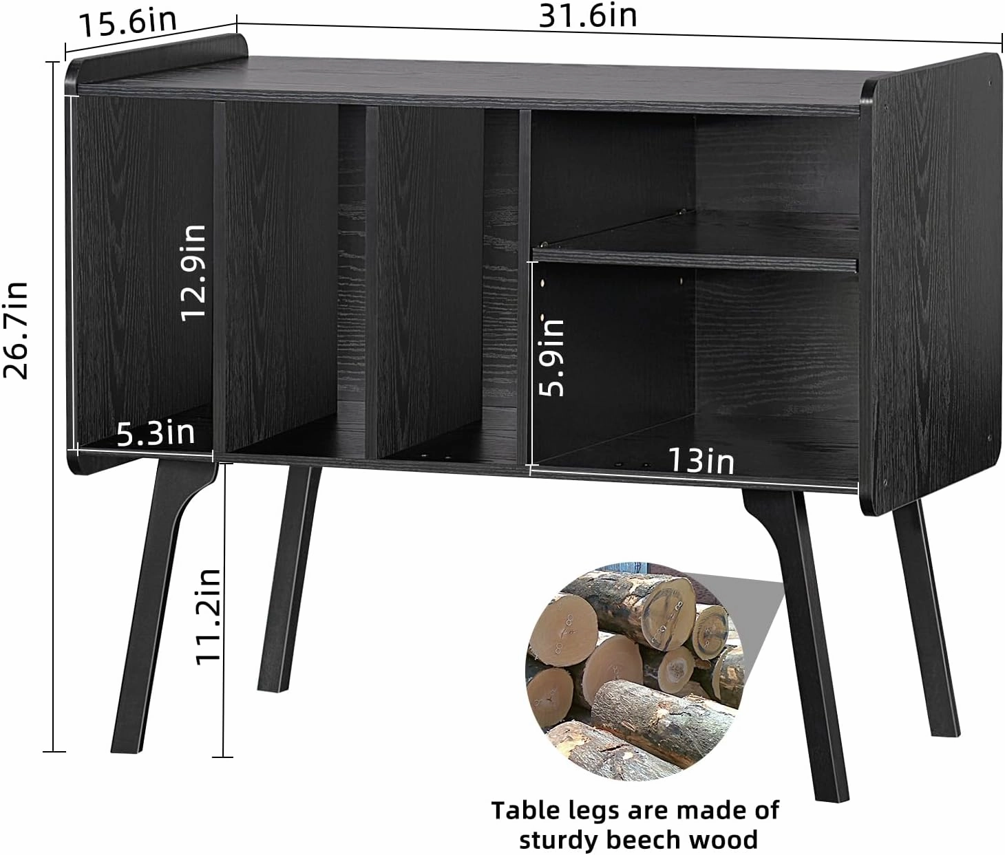 Lerliuo Record Player Stand with 4 Cabinet Holds Up to 220 Albums, Large Turntable Stand with Beech Wood Legs, Mid-Century Record Player Table,Black Vinyl Holder Storage Shelf for Bedroom Living Room