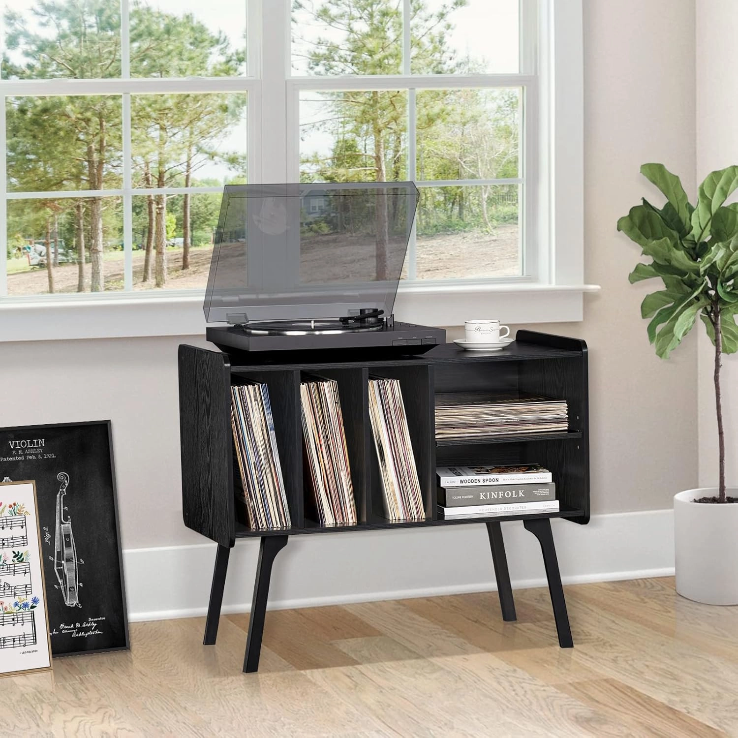Lerliuo Record Player Stand with 4 Cabinet Holds Up to 220 Albums, Large Turntable Stand with Beech Wood Legs, Mid-Century Record Player Table,Black Vinyl Holder Storage Shelf for Bedroom Living Room
