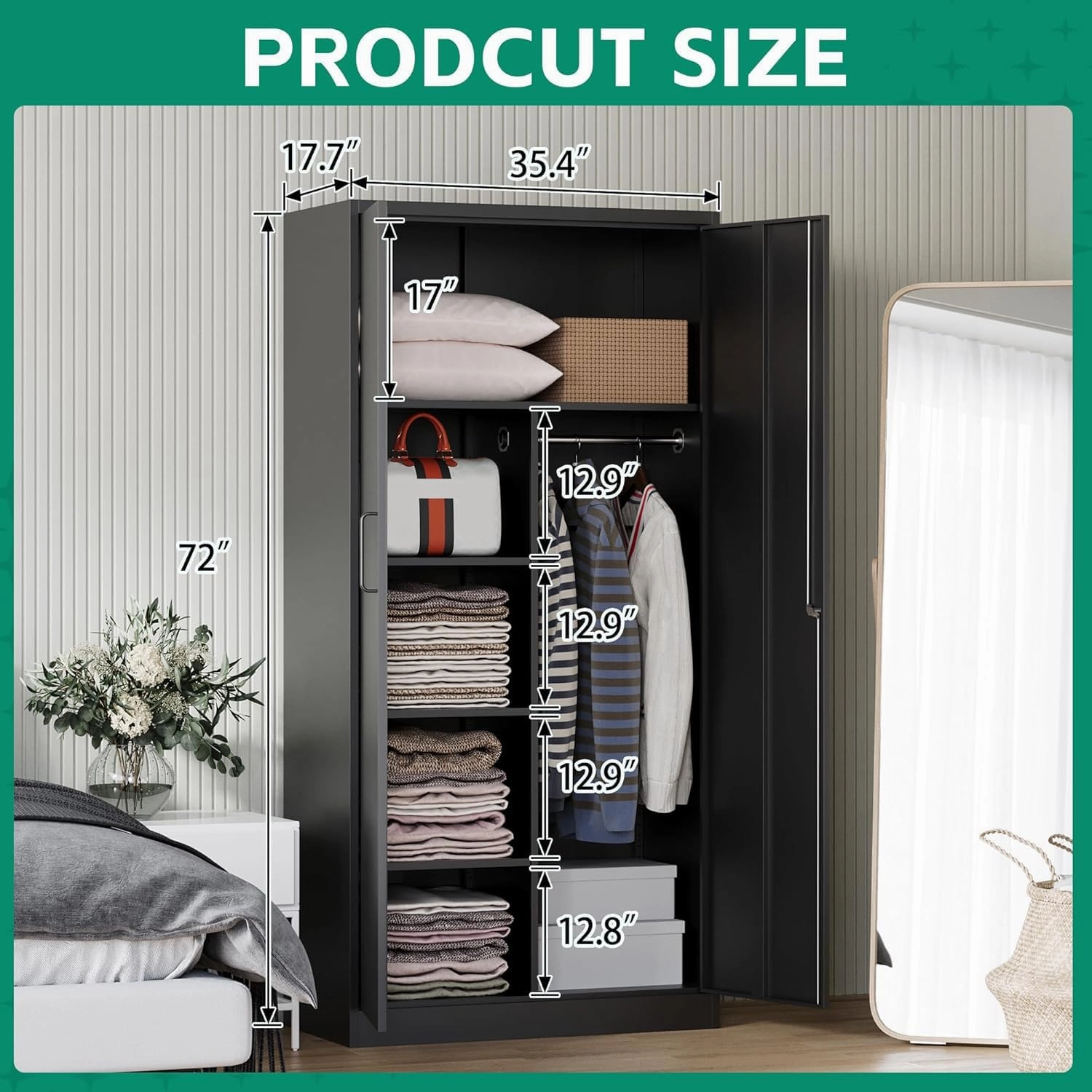 Letaya Metal Storage Cabinets Locker with Lock Door, 72'' Clothing Coat Steel Storage Freestanding Wardrobe for Office, Home, School, Employee,Gym,Fire Department (Black)