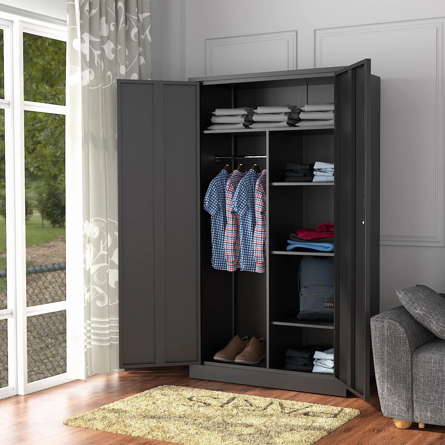 Letaya Metal Storage Cabinets Locker with Lock Door, 72'' Clothing Coat Steel Storage Freestanding Wardrobe for Office, Home, School, Employee,Gym,Fire Department (Black)