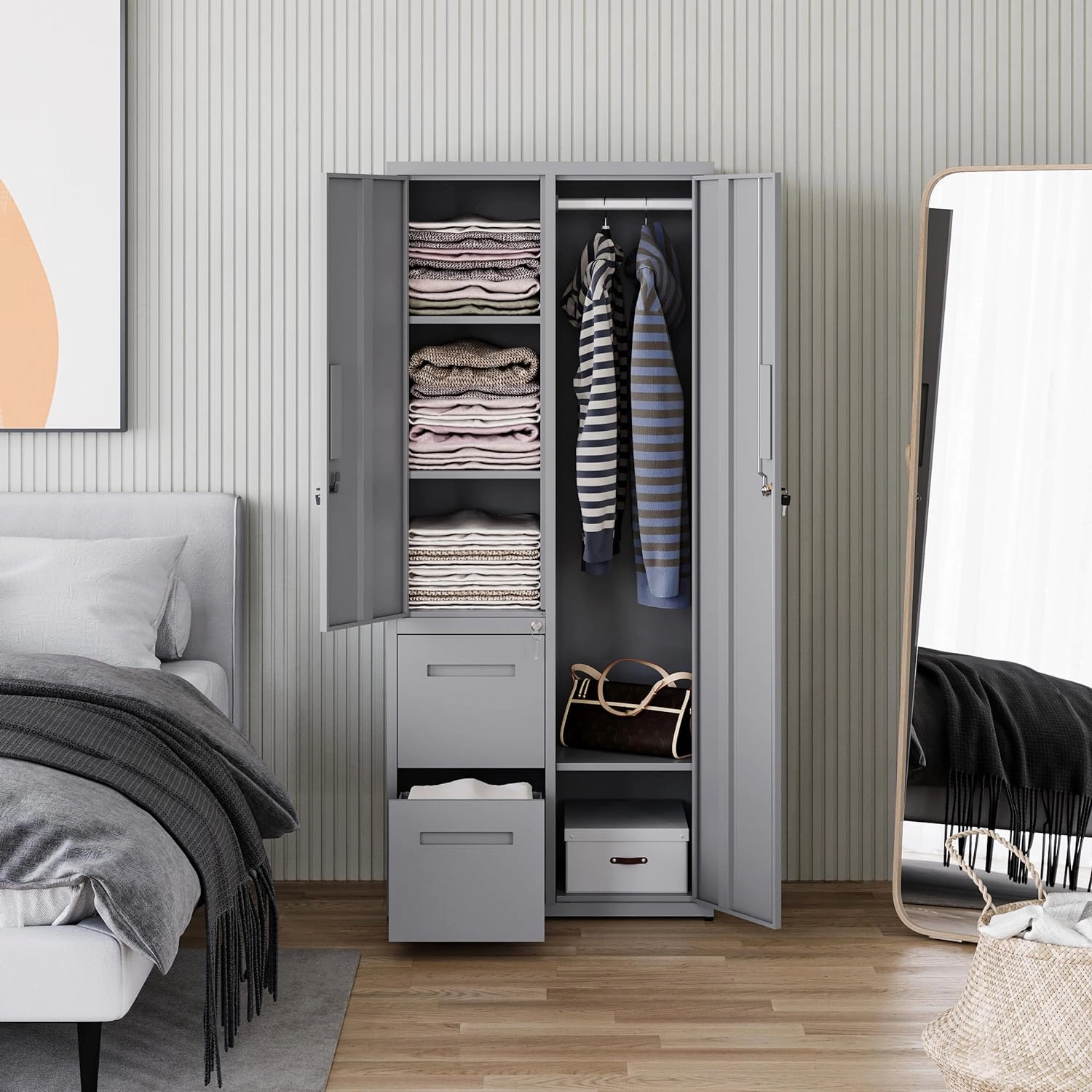 Letaya Metal Storage Cabinets with Drawers, Staff Locker with Lock Door and Shelves-Wardrobe Clothing/File/Tool Storage for Office, Home, School, Employee,Gym,Fire Department,Garage (Gray)