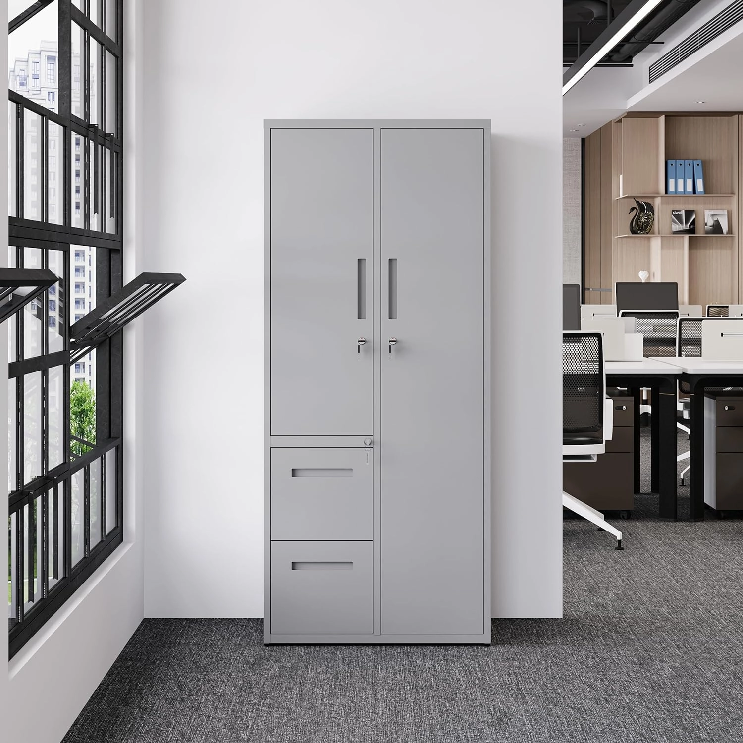 Letaya Metal Storage Cabinets with Drawers, Staff Locker with Lock Door and Shelves-Wardrobe Clothing/File/Tool Storage for Office, Home, School, Employee,Gym,Fire Department,Garage (Gray)