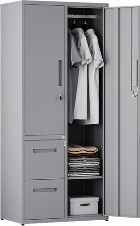 Letaya Metal Storage Cabinets with Drawers, Staff Locker with Lock Door and Shelves-Wardrobe Clothing/File/Tool Storage for Office, Home, School, Employee,Gym,Fire Department,Garage (Gray) equipment cabinet,AV gear cabinet,component enclosure,