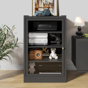 LEVNARY Media Cabinet with Door, Black 5-Tier Stereo Cabinet with Adjustable Shelves, AV Media Storage Shelf with Cable Management, Audio-Video Rack Stand for Living, Gaming, Recording Room (Black) audio rack,hi-fi component stand,media shelf,