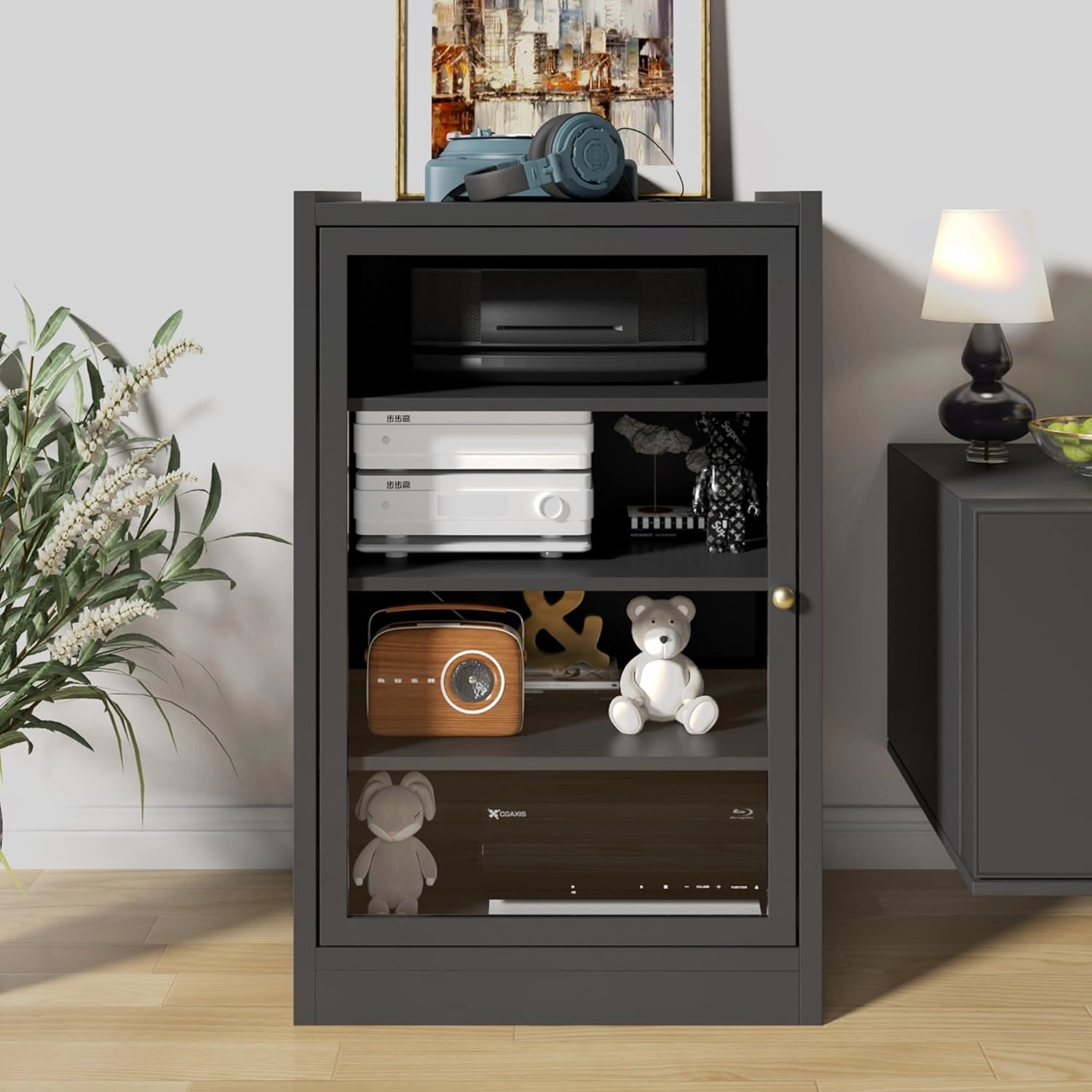 LEVNARY Media Cabinet with Door, Black 5-Tier Stereo Cabinet with Adjustable Shelves, AV Media Storage Shelf with Cable Management, Audio-Video Rack Stand for Living, Gaming, Recording Room (Black) audio rack,hi-fi component stand,media shelf,