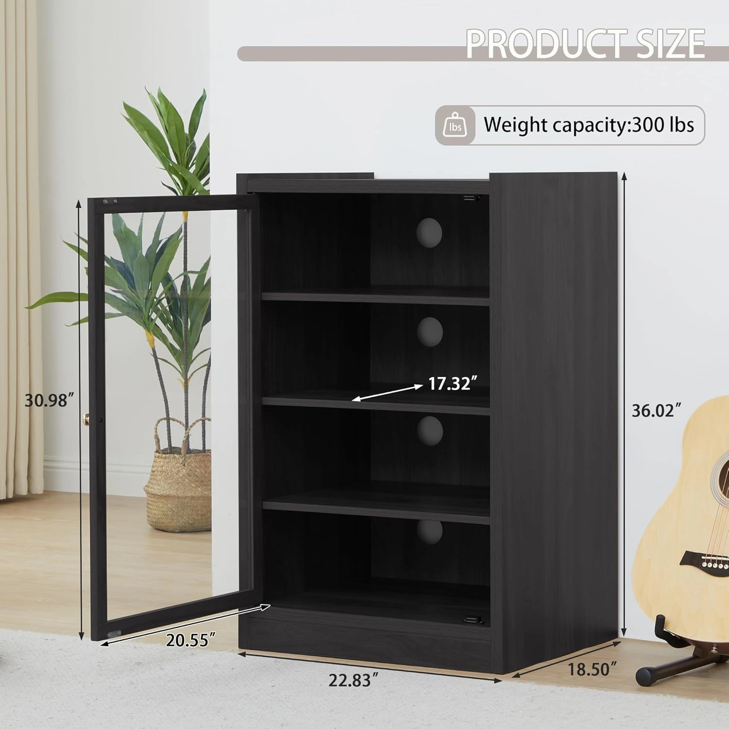 LEVNARY Media Cabinet with Door, Black 5-Tier Stereo Cabinet with Adjustable Shelves, AV Media Storage Shelf with Cable Management, Audio-Video Rack Stand for Living, Gaming, Recording Room (Black)