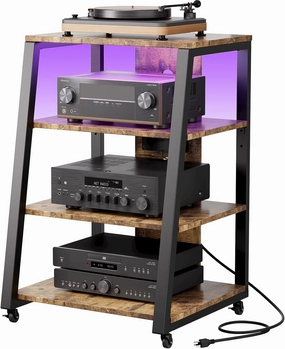 Lifewit 4 Tier AV Media Stand with Power Outlets, Stereo Racks with LED Lights, Wheels and Adjustable Shelves for Record Player, Rolling Media Console, Media Audio Tower Cabinet, 35", Rustic Brown audio rack,hi-fi component stand,media shelf,