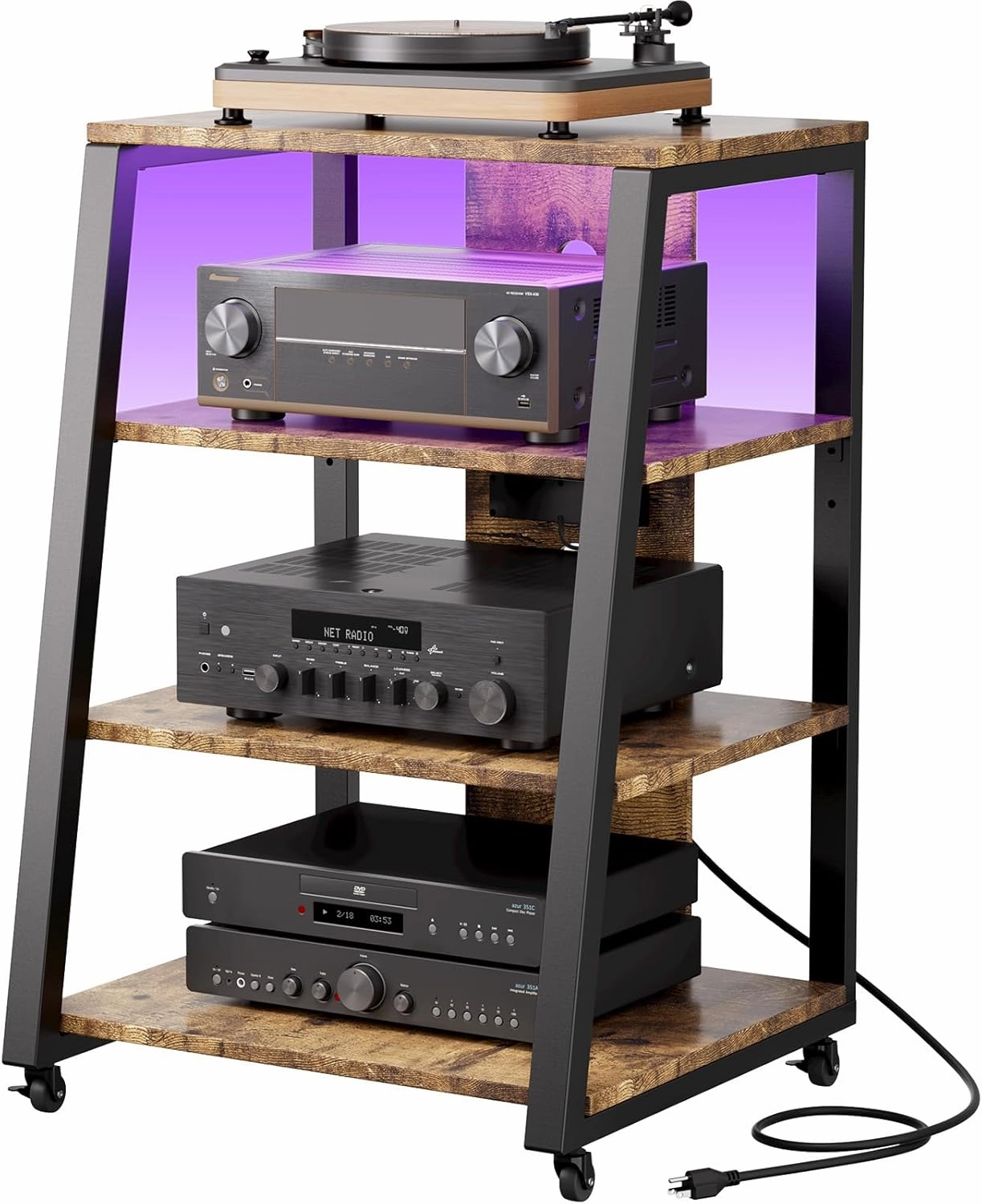 Lifewit 4 Tier AV Media Stand with Power Outlets, Stereo Racks with LED Lights, Wheels and Adjustable Shelves for Record Player, Rolling Media Console, Media Audio Tower Cabinet, 35", Rustic Brown audio rack,hi-fi component stand,media shelf,