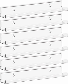 Lifewit Floating Shelves for Vinyl Record, 6 Pack 12" Clear Acrylic Wall Shelf Room Decor for Book/Photo/Picture/Makeup Display in Bedroom, Living Room, Bathroom Storage and Organization vinyl storage,record holder,LP organizer,