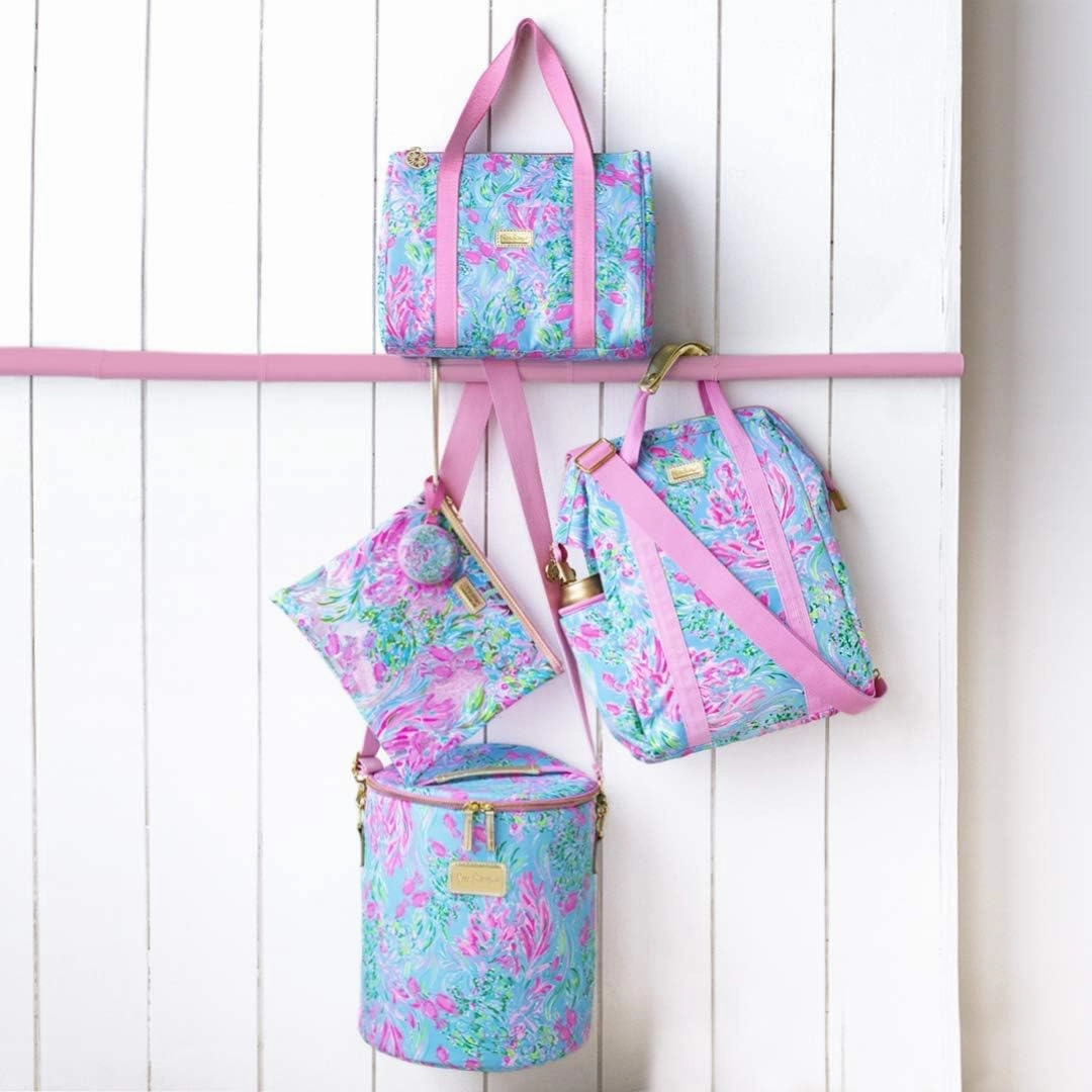 Lilly Pulitzer Water Resistant Vinyl Beach Day Pouch, Zipper Bag Includes Drink Hugger, Small Pouch, and Towel Clips