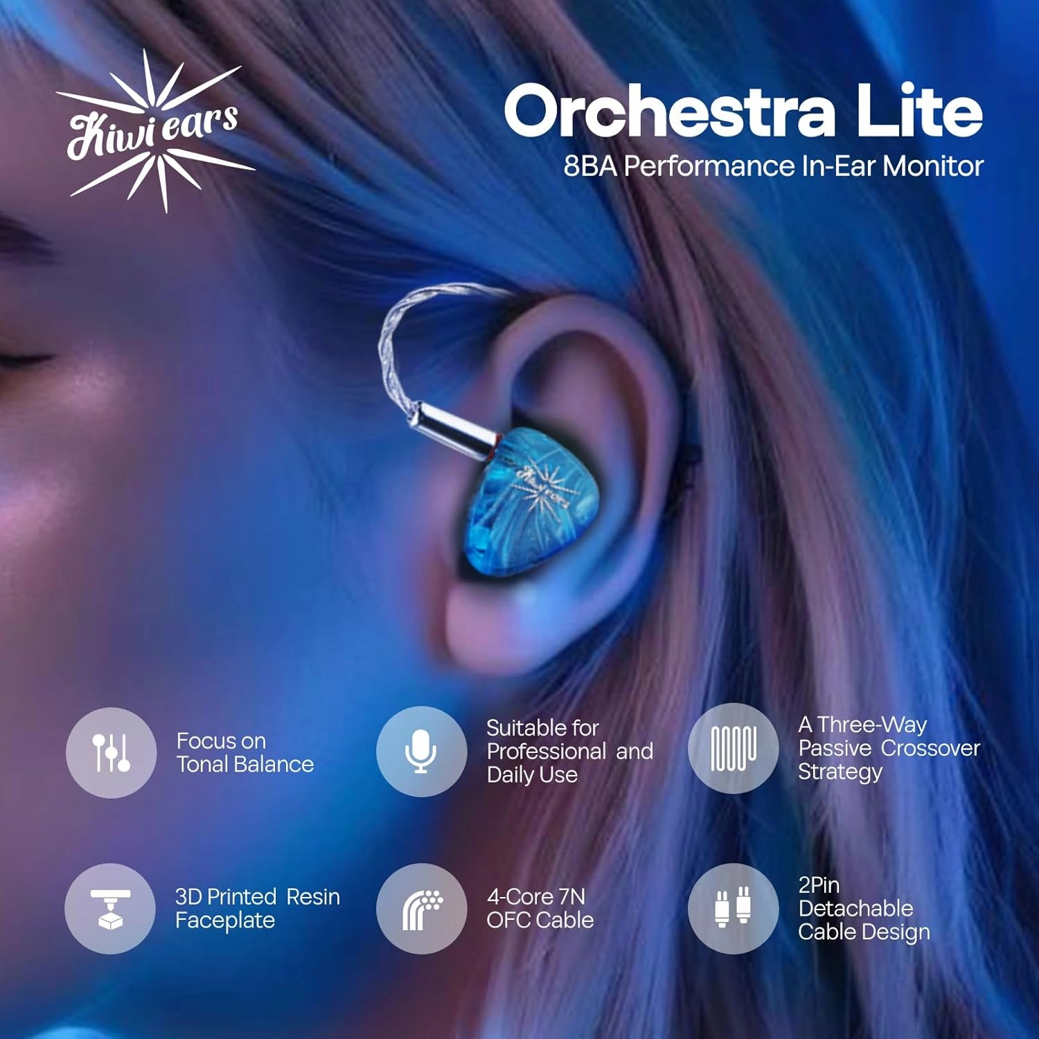 Linsoul Kiwi Ears Orchestra Lite Performance Custom 8BA in-Ear Monitor IEM with Detachable 4-core 7N Oxygen-Free Copper OFC Cable, Handcrafts Faceplate for Audiophile Studio Musician (Blue)