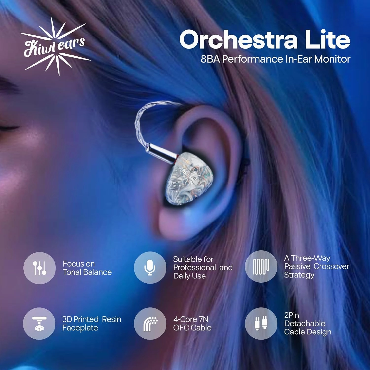 Linsoul Kiwi Ears Orchestra Lite Performance Custom 8BA in-Ear Monitor IEM with Detachable 4-core 7N Oxygen-Free Copper OFC Cable, Handcrafts Faceplate for Audiophile Studio Musician (Clear)