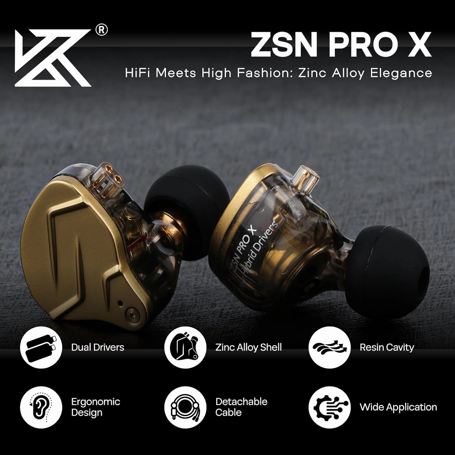 Linsoul KZ ZSN PRO X Dual Driver 1BA 1DD Hybrid Metal Earphones HiFi in-Ear Monitor with Detachable Recessed 2Pin Cable,Zinc Alloy Panel (Without Mic, Black)