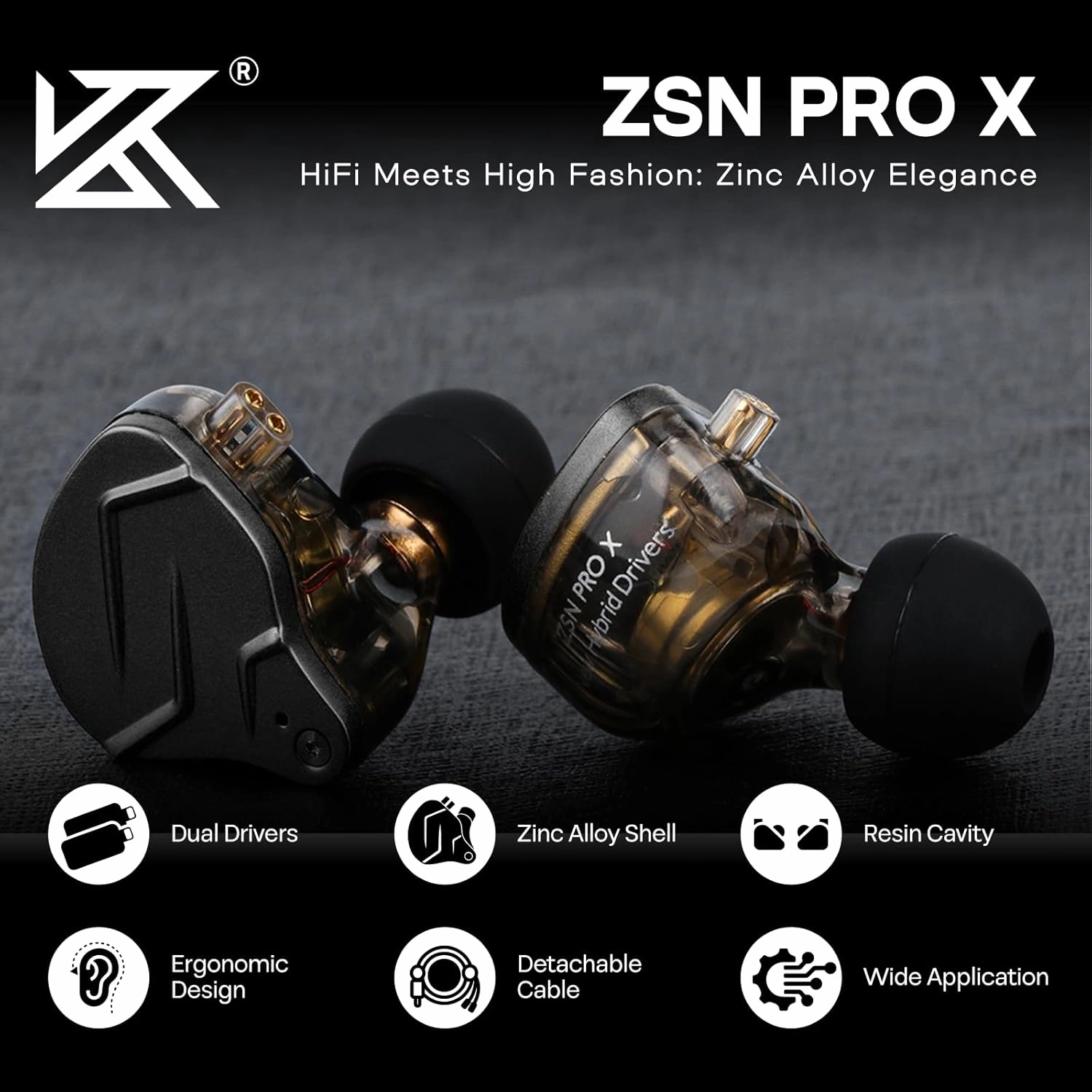 Linsoul KZ ZSN PRO X Dual Driver 1BA 1DD Hybrid Metal Earphones HiFi in-Ear Monitor with Detachable Recessed 2Pin Cable,Zinc Alloy Panel (Without Mic, Grey)