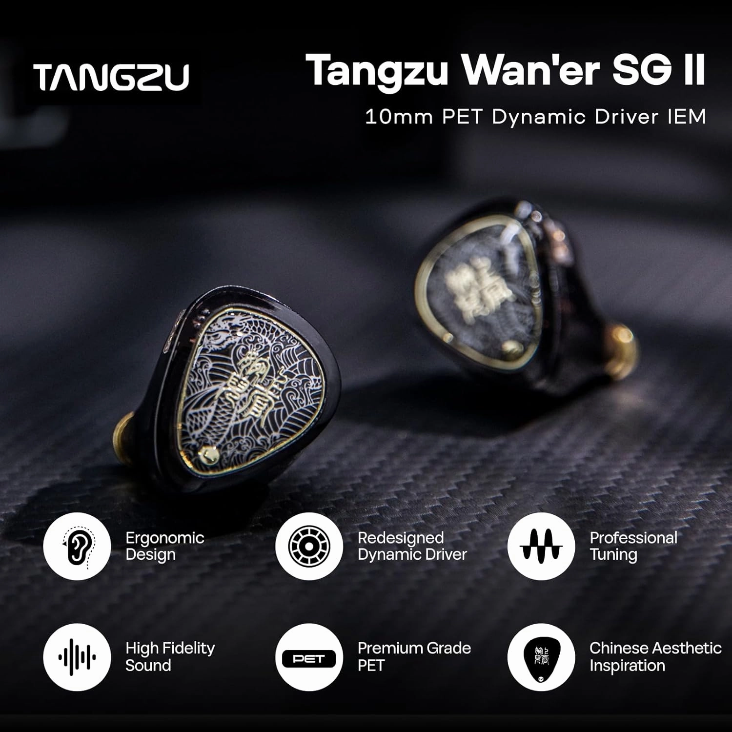 Linsoul TANGZU Wan'er S.G II in Ear Monitor,HiFi Wired Earbuds,10mm Dynamic Driver PET Diaphragm Gaming IEM Earphones with 2Pin Detachable OFC Cable for Audiophile DJ Stage (Clear Black, 3.5mm)