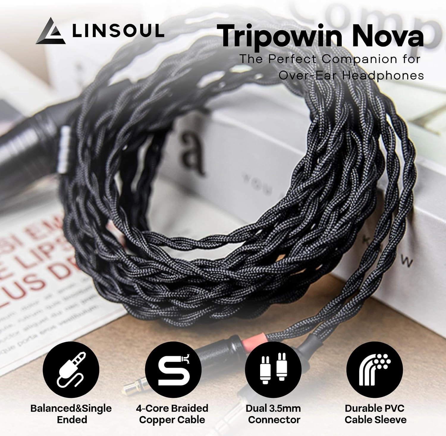 Linsoul Tripowin Nova Monitor Headphone Cable, Over-Ear Headphone Wire, 4-Strand Silver Foil/OCC Hybrid Upgrade Cable, 2M, Dual 3.5mm to 4.4mm/3.5mm/XLR Plug, for Musicians&Audiophiles (XLR, Black)