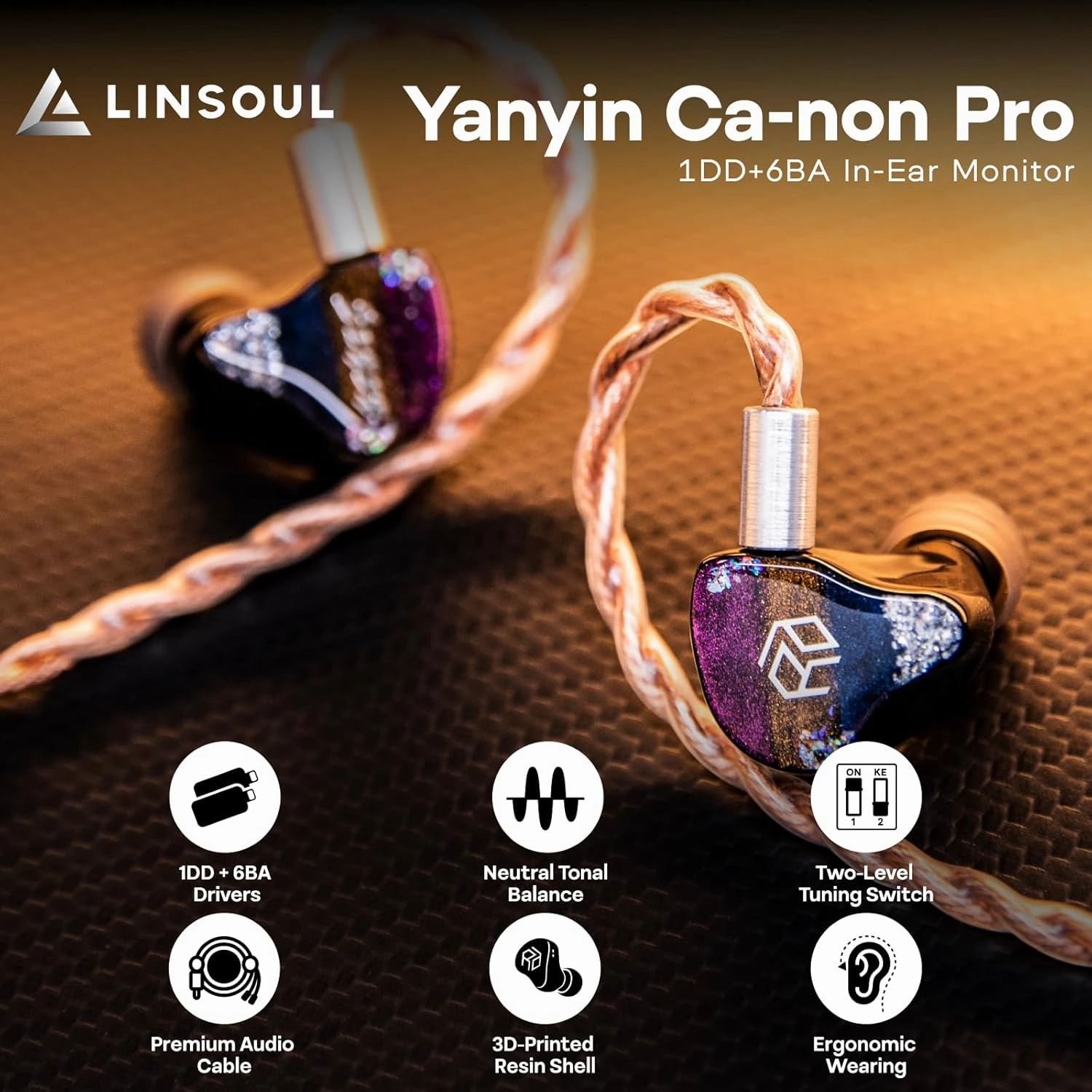 Linsoul Yanyin Ca-Non Pro,1DD   6BA in-Ear Monitor, HiFi Wired Earbuds,Gaming IEM Earphones, Hybrid IEM Headphones with 3D Printed Resin Faceplate,Detachable Cable for Musician Audiophile (3.5MM)