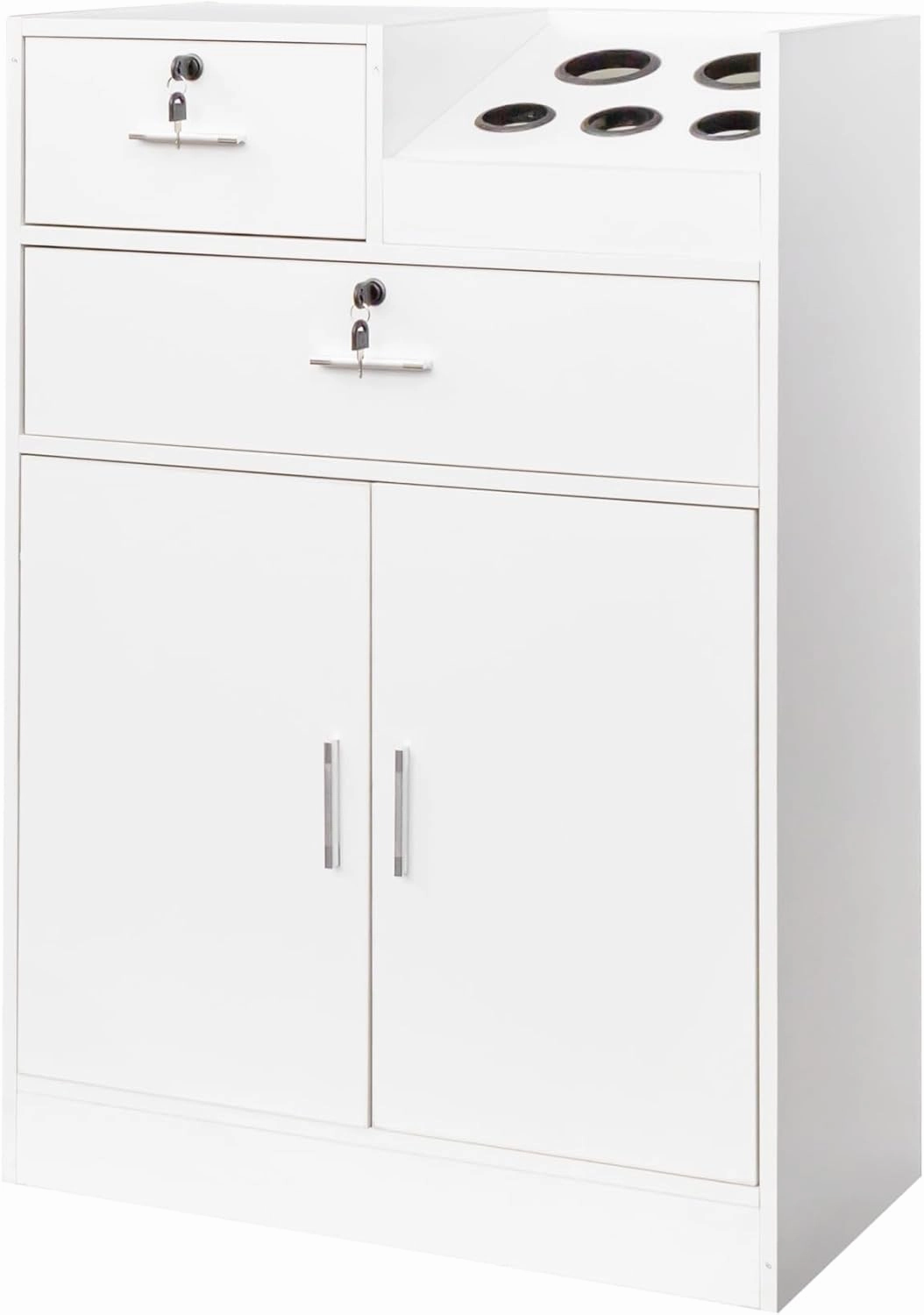 Locking Beauty Salon Storage Cabinet, Salon Styling Station with Hair Dryer Holder and Stylist Equipment Drawer (White)