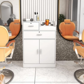 Locking Beauty Salon Storage Cabinet, Salon Styling Station with Hair Dryer Holder and Stylist Equipment Drawer (White) equipment cabinet,AV gear cabinet,component enclosure,