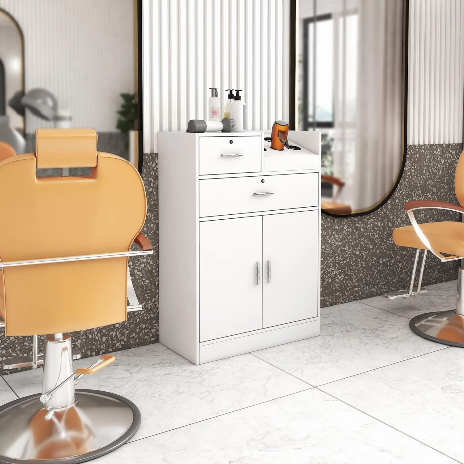 Locking Beauty Salon Storage Cabinet, Salon Styling Station with Hair Dryer Holder and Stylist Equipment Drawer (White)