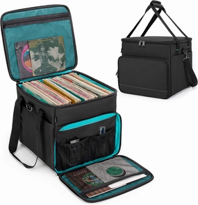 LoDrid Vinyl Record Carrying Bag with Bottom Padded Pad, Album Storage Case with 2 Detachable Dividers Holds up to 60 LP Records, for Travel and Collection, Patented Design, Bag Only, Black vinyl storage,record holder,LP organizer,