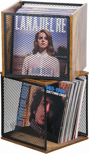 LOFTEY 2 Pack Vinyl Record Storage, 100-120 Records Vinyl Crate, Stackable Record Holder for 7"-12" Records, Cube Storage Box for Book & Toys, Rustic Brown vinyl storage,record holder,LP organizer,