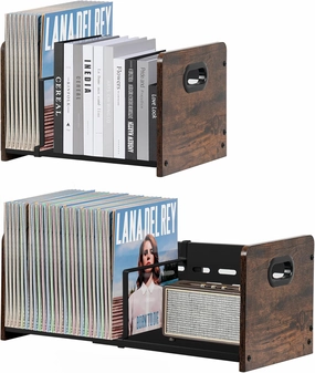 LOFTEY Vinyl Record Storage Holder, Expandable Record Storage Rack with Adjustable Divider, 60-120 LP Album Storage for Vinyl Records, Magazine Holder, Rustic Brown vinyl storage,record holder,LP organizer,