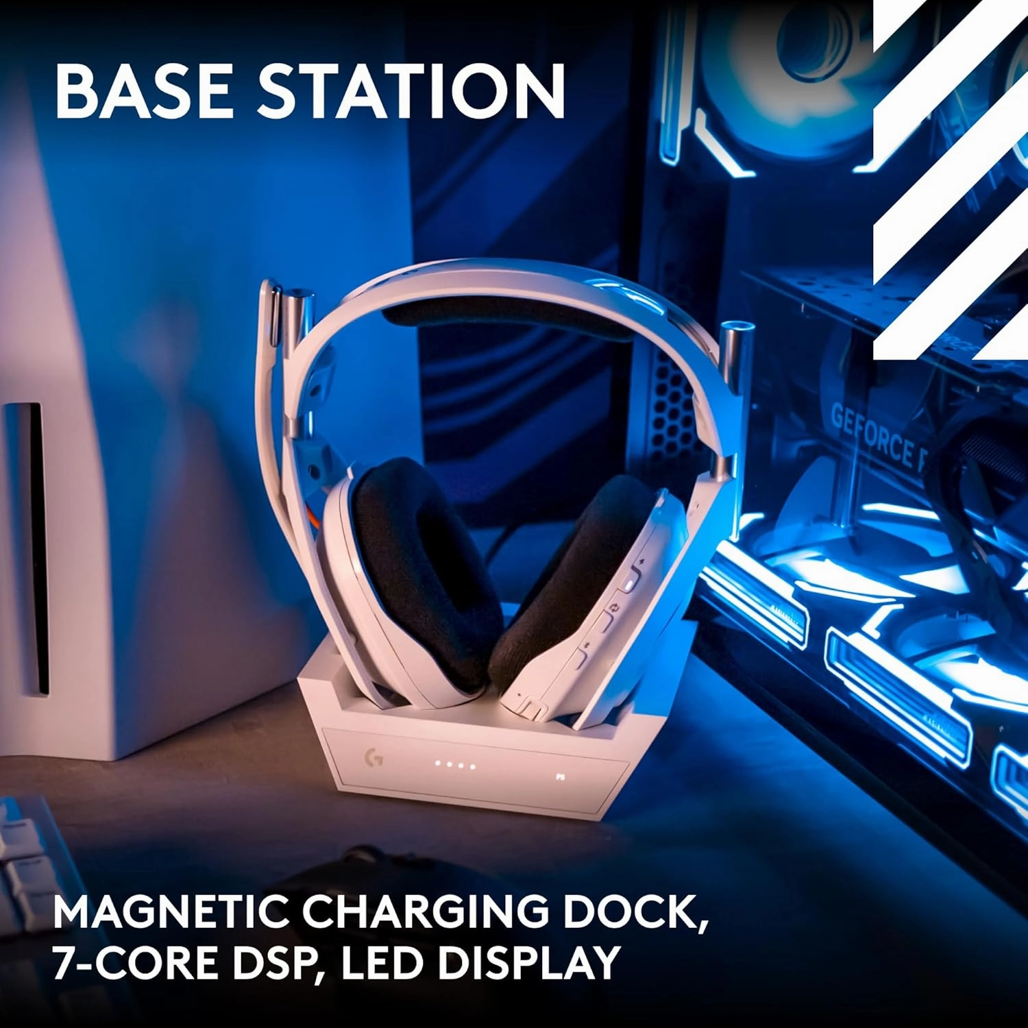 Logitech G Astro A50 Omni-Platform Wireless Gaming Headset   Base Station for PS5, Xbox, PC: PLAYSYNC Audio Switcher, <16 bit/48kHz (Console), <24 bit/48 kHz (PC), 24hr Battery, 2.4GHz & BT - White
