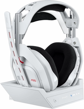 Logitech G Astro A50 Omni-Platform Wireless Gaming Headset   Base Station for PS5, Xbox, PC: PLAYSYNC Audio Switcher, <16 bit/48kHz (Console), <24 bit/48 kHz (PC), 24hr Battery, 2.4GHz & BT - White over-ear headphones,closed back headphones,wirel