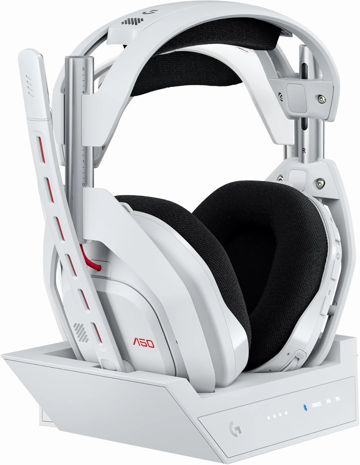 Logitech G Astro A50 Omni-Platform Wireless Gaming Headset   Base Station for PS5, Xbox, PC: PLAYSYNC Audio Switcher, <16 bit/48kHz (Console), <24 bit/48 kHz (PC), 24hr Battery, 2.4GHz & BT - White over-ear headphones,closed back headphones,wirel