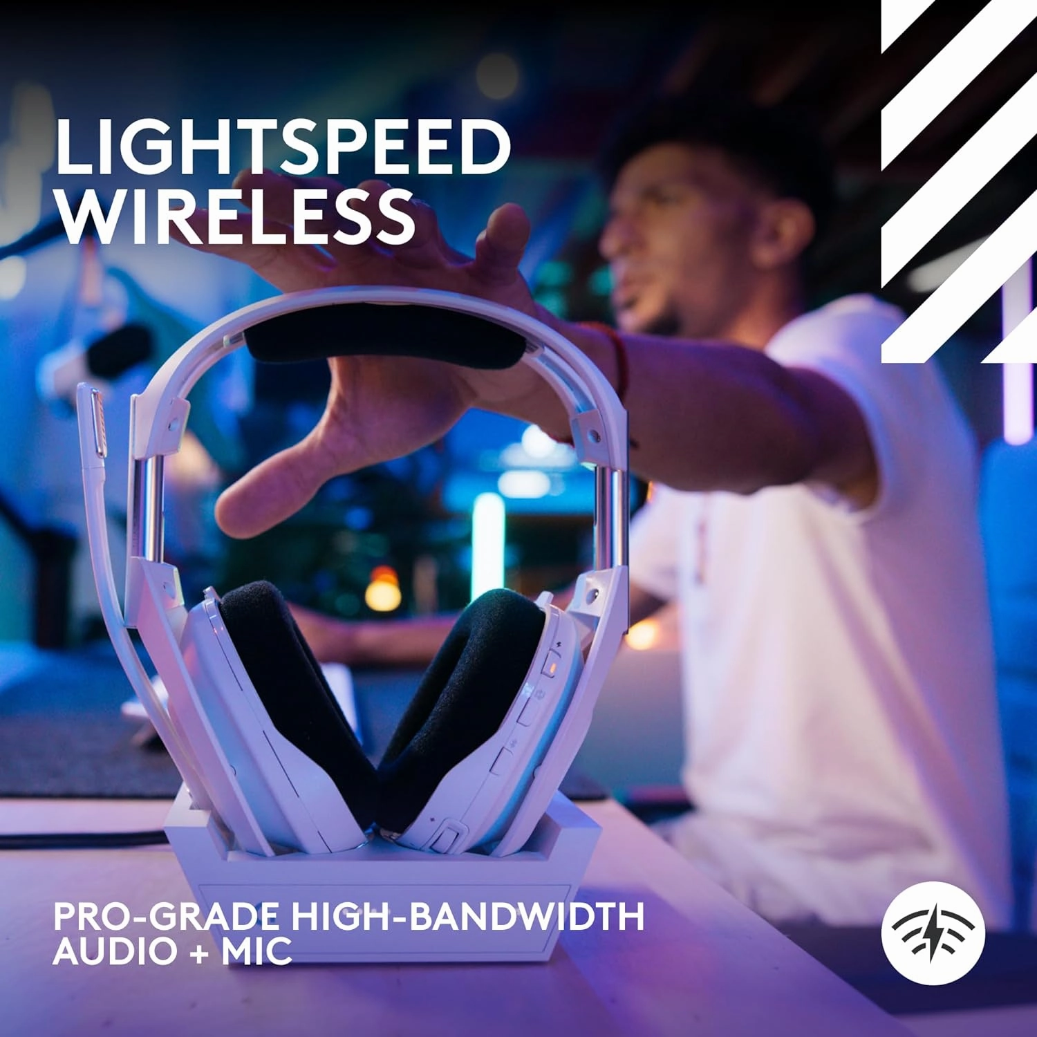 Logitech G Astro A50 X Omni-Platform Wireless Gaming Headset   Base Station for PS5, Xbox, PC: PLAYSYNC Video & Audio Switcher, HDMI 2.1 4K 120Hz VRR, <24 bit/48 kHz, 24hr Battery, 2.4GHz & BT - White
