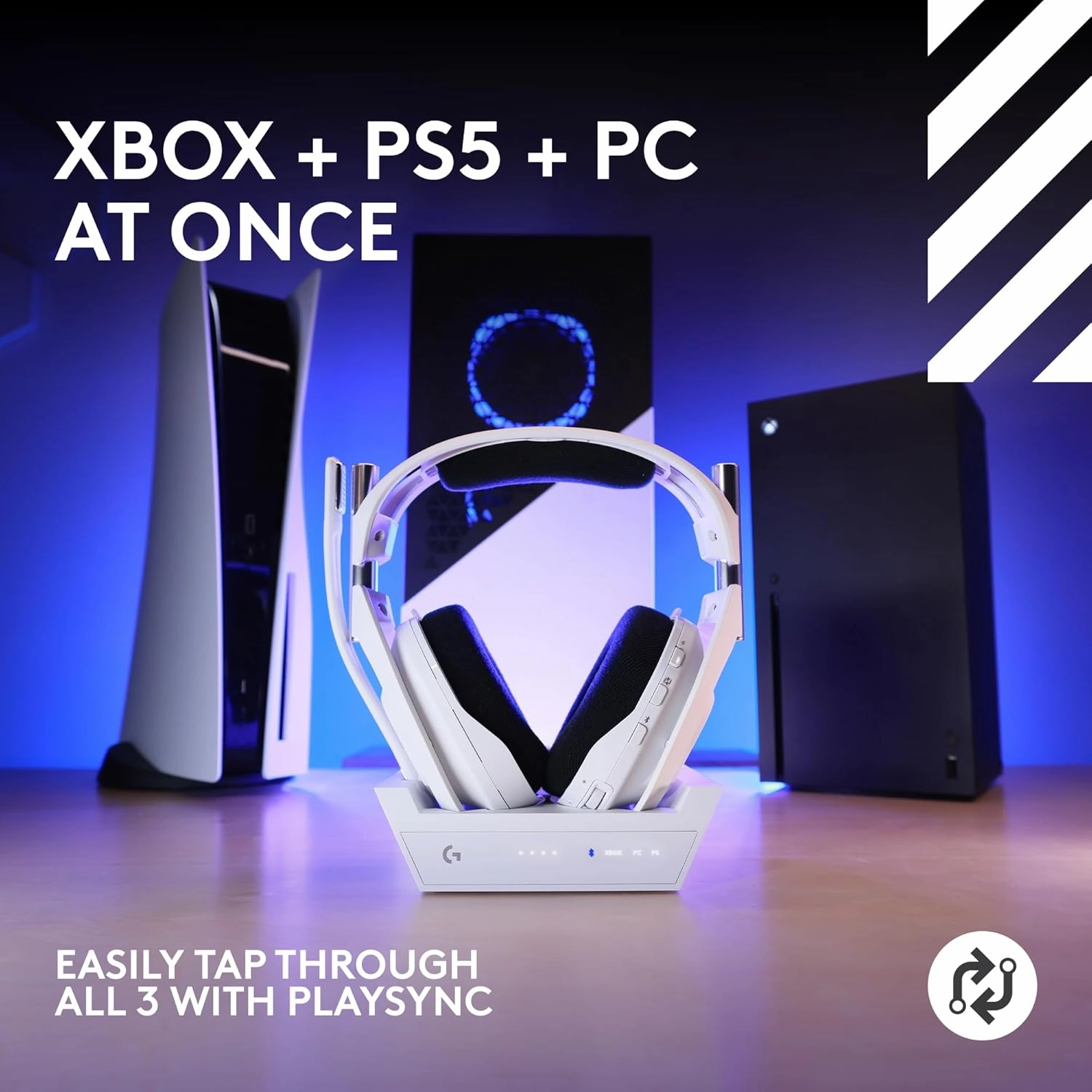 Logitech G Astro A50 X Omni-Platform Wireless Gaming Headset   Base Station for PS5, Xbox, PC: PLAYSYNC Video & Audio Switcher, HDMI 2.1 4K 120Hz VRR, <24 bit/48 kHz, 24hr Battery, 2.4GHz & BT - White