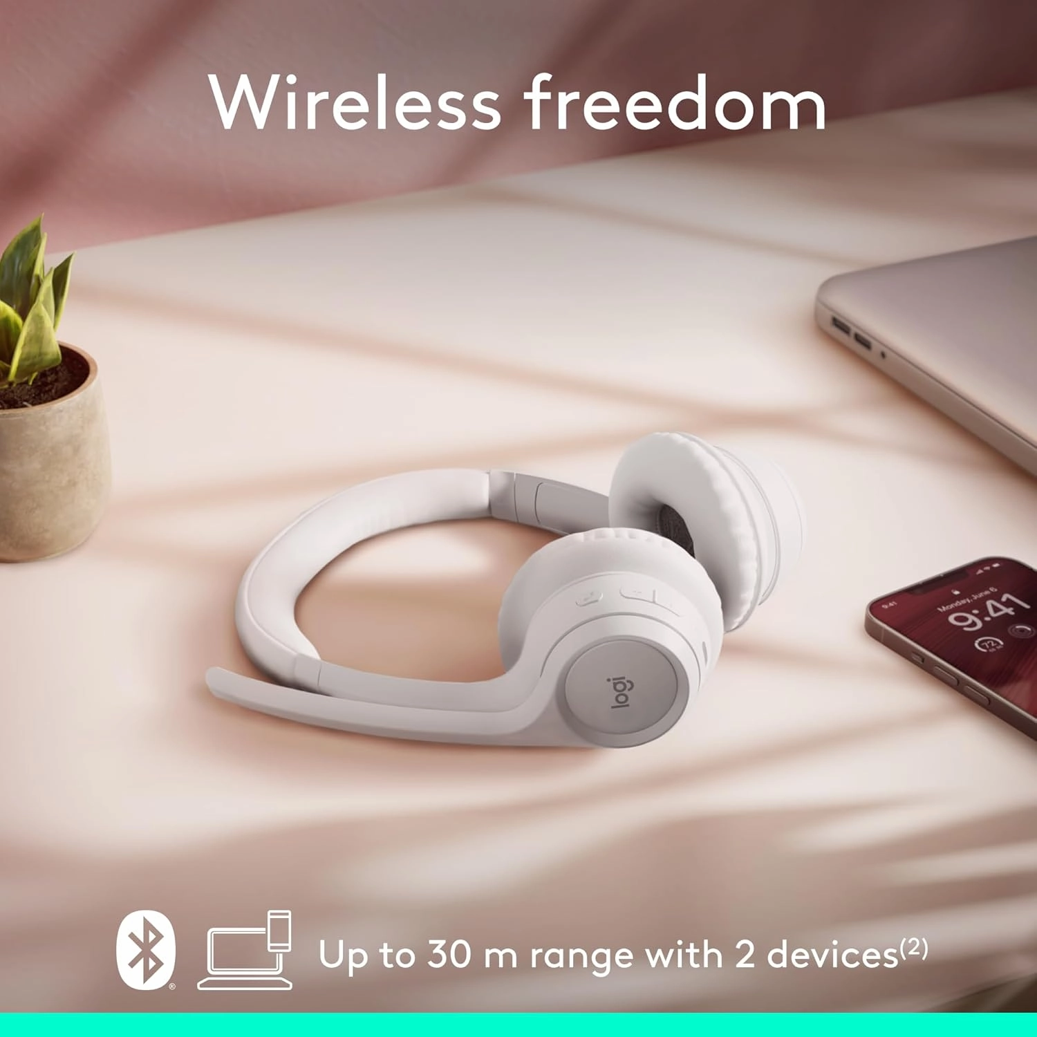 Logitech Zone 300 Wireless Bluetooth Headset with Noise-Canceling Microphone, Compatible with Windows, Mac, Chrome, Linux, iOS, iPadOS, Android  Off-White