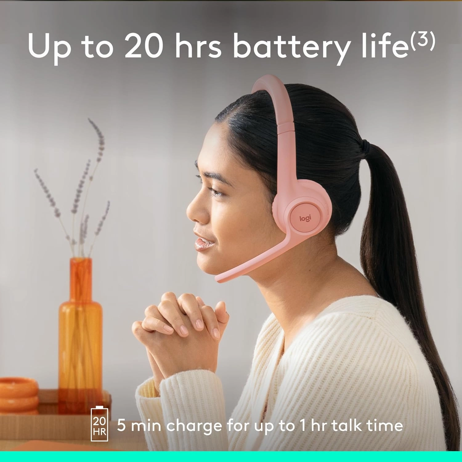 Logitech Zone 300 Wireless Bluetooth Headset with Noise-Canceling Microphone, Compatible with Windows, Mac, Chrome, Linux, iOS, iPadOS, Android  Rose