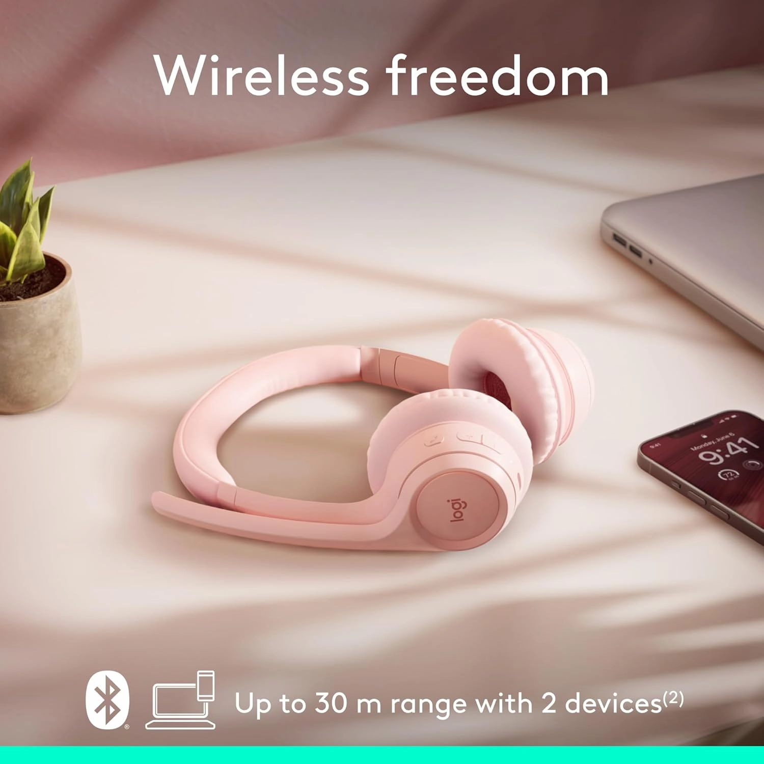 Logitech Zone 300 Wireless Bluetooth Headset with Noise-Canceling Microphone, Compatible with Windows, Mac, Chrome, Linux, iOS, iPadOS, Android  Rose