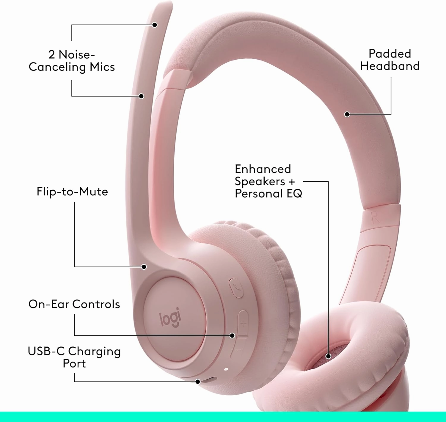 Logitech Zone 300 Wireless Bluetooth Headset with Noise-Canceling Microphone, Compatible with Windows, Mac, Chrome, Linux, iOS, iPadOS, Android  Rose
