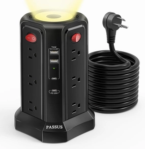 Long Surge Protector Power Strip 16 FT Cord, PD20W USB C Power Strip Tower with Night Light, Extension Cord with Multiple Outlets with 4 USB Ports, PASSUS Charging Station Home Office Essentials Black power cord,hi-fi power cable,AC power lead,