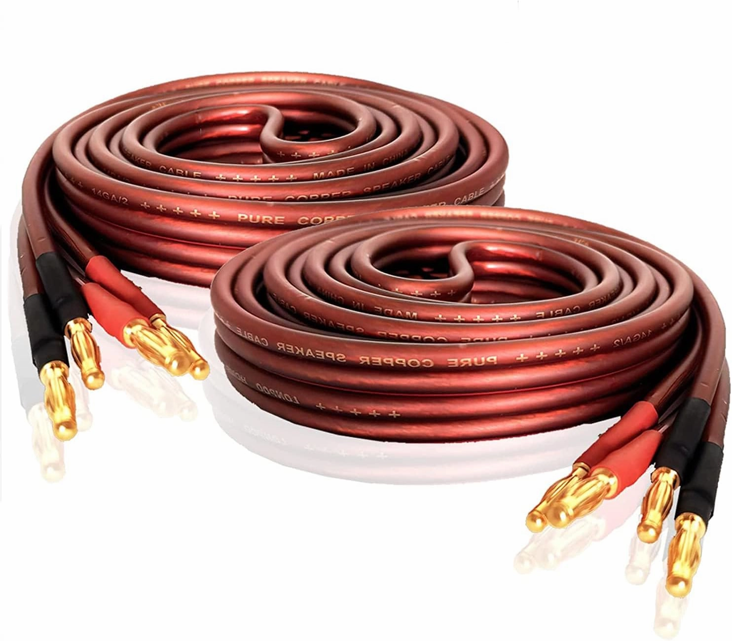 LONPOO 14 Gauge Speaker Wire, Oxygen Free Pure Copper Speaker Data Cables with 245 Strands Gold Plated Banana Plugs,6.6 Feet 2 Pack for Stereo and Home Theater, 2 Meters Pair speaker cable,audio wire,hi-fi speaker cord,