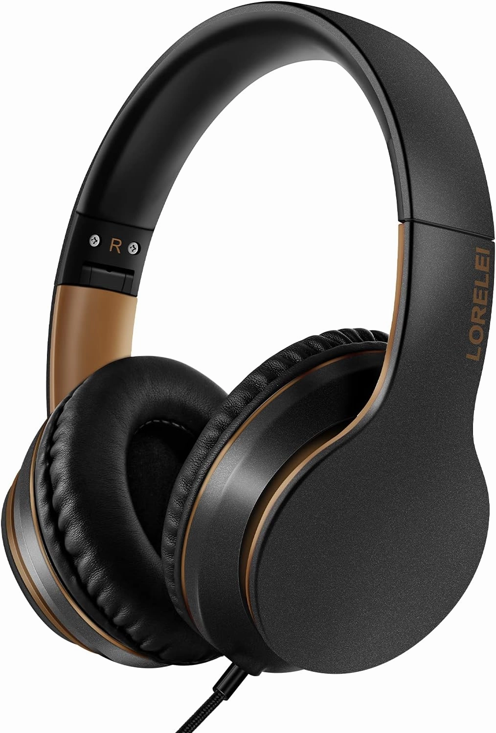 LORELEI X6 Over-Ear Headphones with Microphone, Lightweight Foldable & Portable Stereo Bass Headphones with 1.45M No-Tangle, Wired Headphones for Smartphone Tablet MP3 / 4 (Black-Gold)