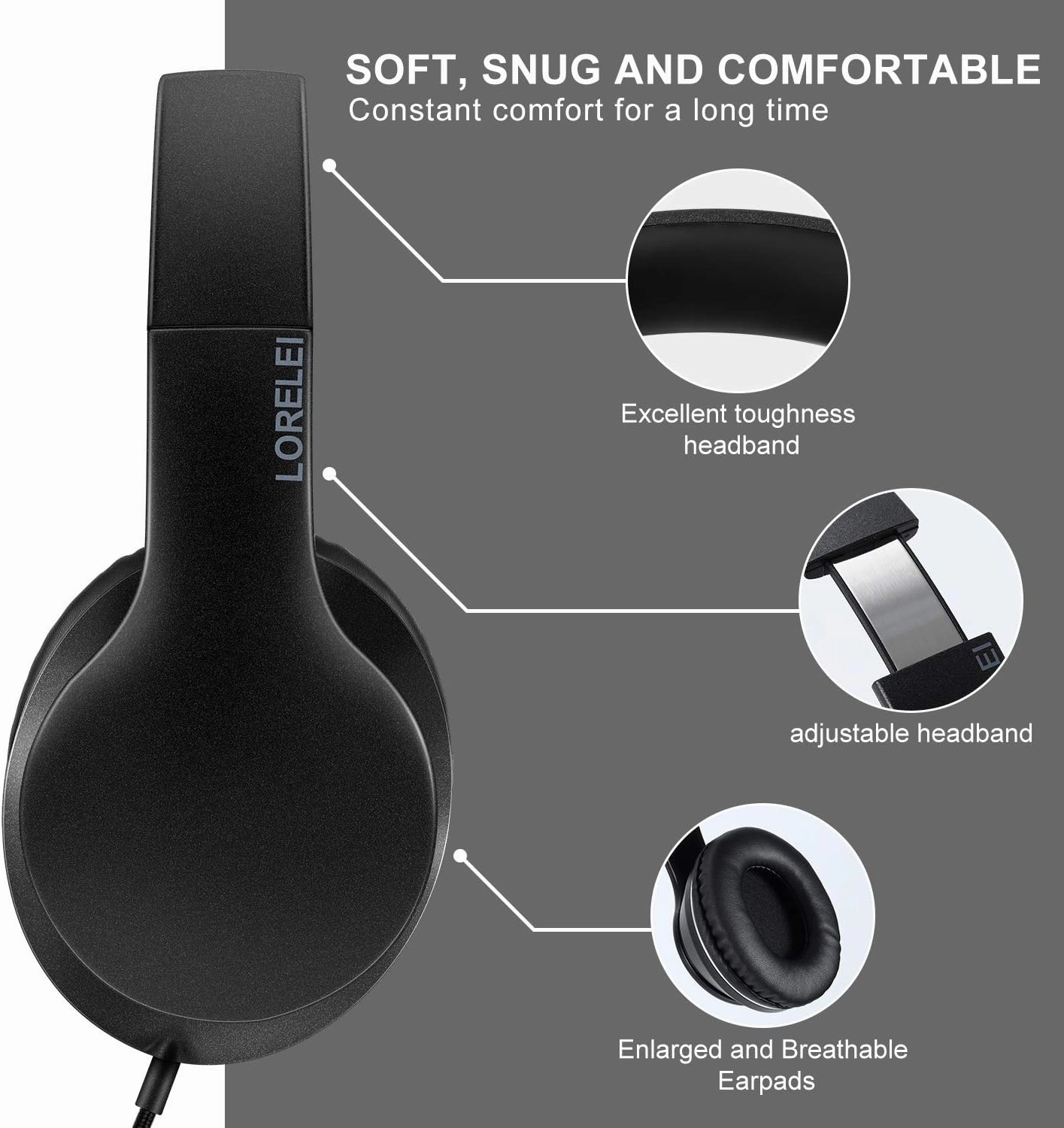 LORELEI X6 Over-Ear Headphones with Microphone, Lightweight Foldable & Portable Stereo Bass Headphones with 1.45M No-Tangle, Wired Headphones for Smartphone Tablet MP3 / 4 (Space Black)