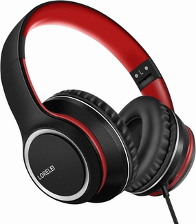 LORELEI X8 Over-Ear Wired Headphones with Microphone with 1.45m-Tangle-Free Nylon Line&3.5mm Plug,Lightweight Foldable & Portable Headphones for Smartphone,Tablet,Computer,Mp3/4(Black-red) over-ear headphones,closed back headphones,wireless studio 