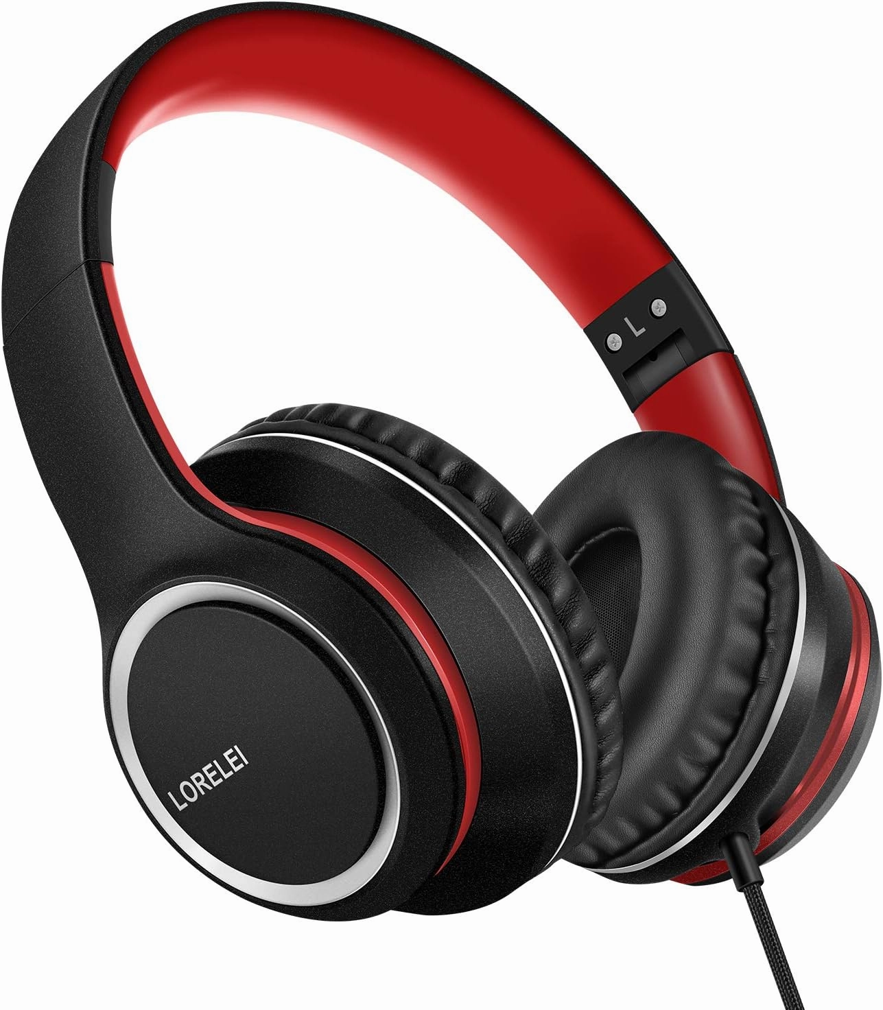 LORELEI X8 Over-Ear Wired Headphones with Microphone with 1.45m-Tangle-Free Nylon Line&3.5mm Plug,Lightweight Foldable & Portable Headphones for Smartphone,Tablet,Computer,Mp3/4(Black-red) over-ear headphones,closed back headphones,wireless studio 