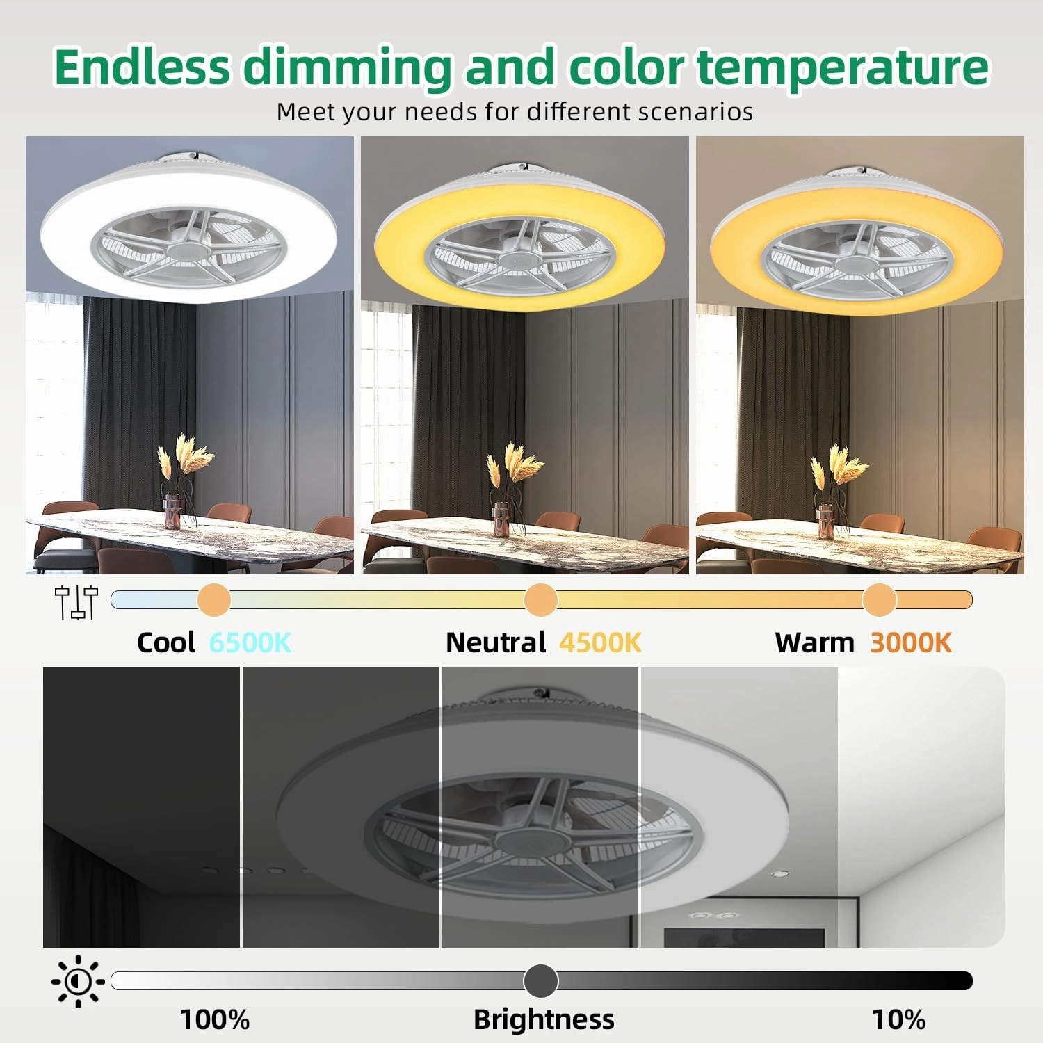 Low Profile Ceiling Fan with Light, Enclosed Bladeless Ceiling Fan, Bluetooth Speaker, 6 Speeds Reversible, Stepless Dimming, Smart Flush Mount Ceiling Light for Bedroom, Kids Room and Living Room 22"