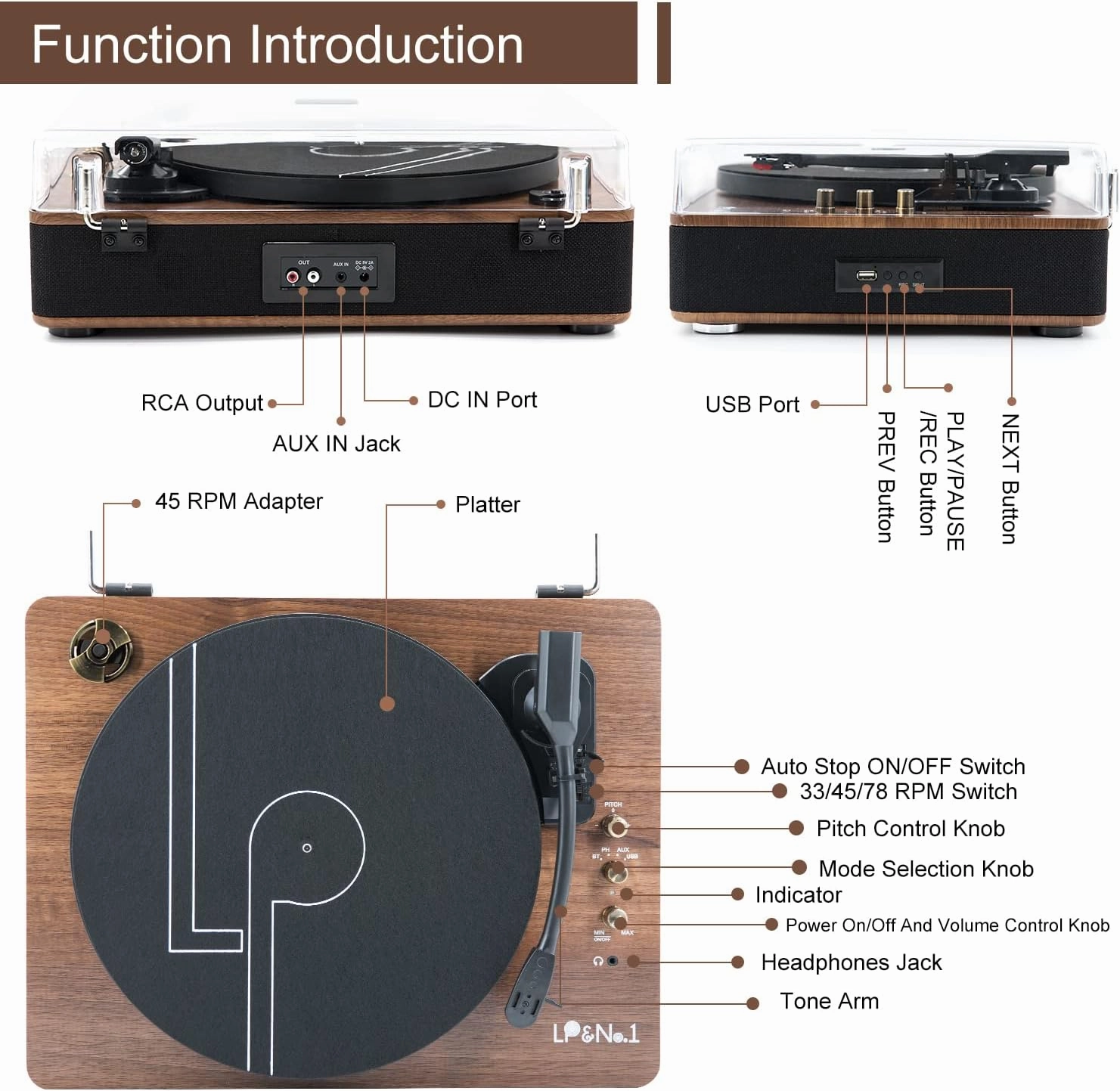 LP&No.1 Record Player with Stereo Speakers, 3-Speed Belt-Drive Turntable for Vinyl Records with Wireless Playback and Auto-Stop,Walnut Wood