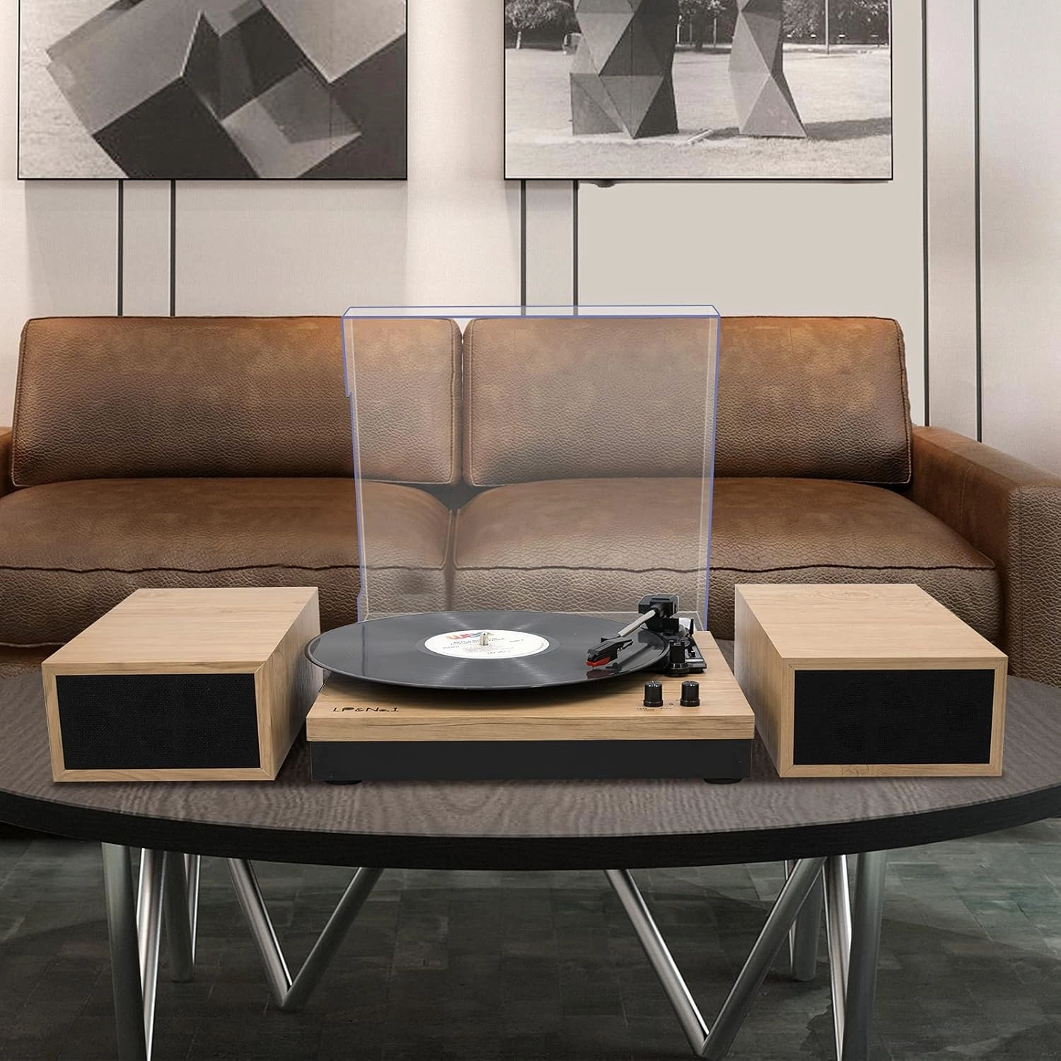 LP&No.1 Vinyl Record Player with Stereo Bookshelf Speakers, 3-Speed Belt-Drive Turntable for Vinyl Albums with Wireless Music Playback, Built-in Pre-Amplifier & Auto Stop | Beige Wood