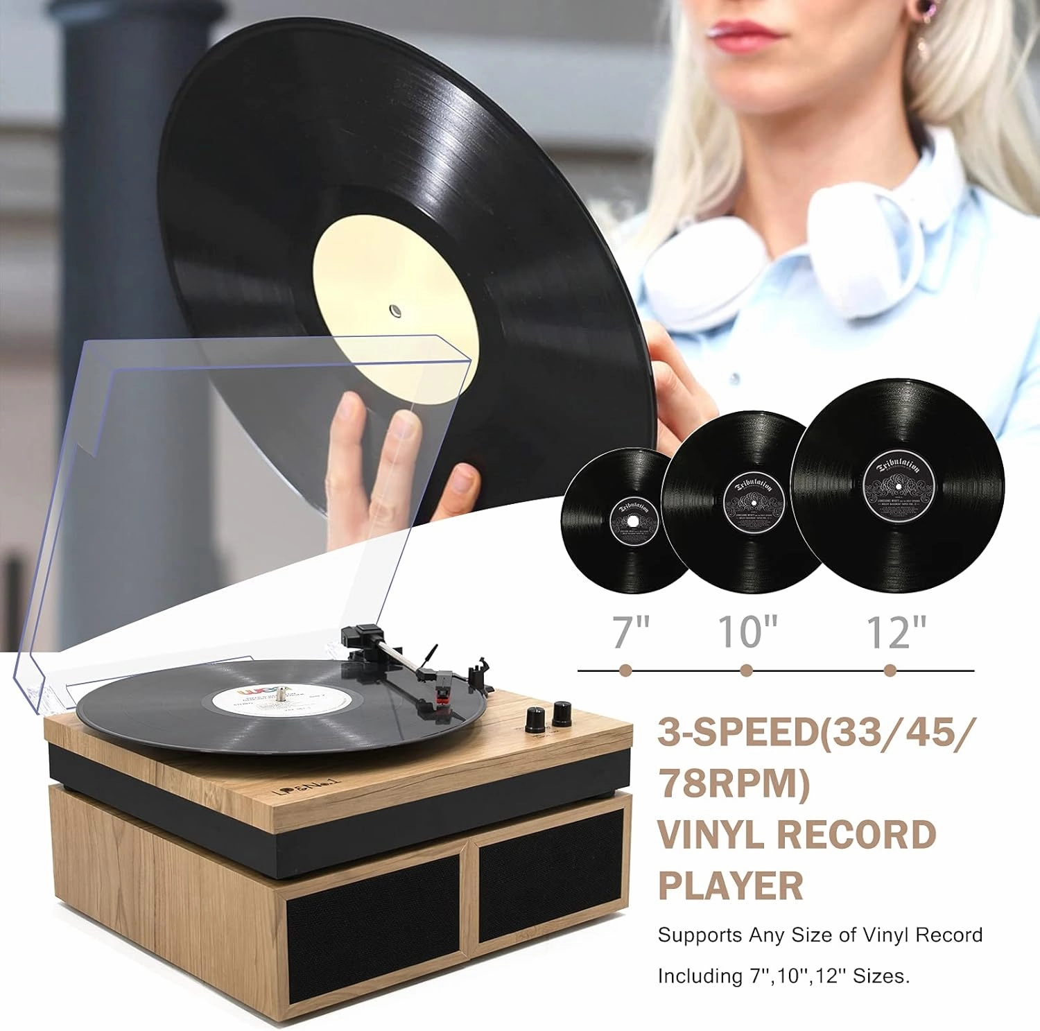 LP&No.1 Vinyl Record Player with Stereo Bookshelf Speakers, 3-Speed Belt-Drive Turntable for Vinyl Albums with Wireless Music Playback, Built-in Pre-Amplifier & Auto Stop | Beige Wood