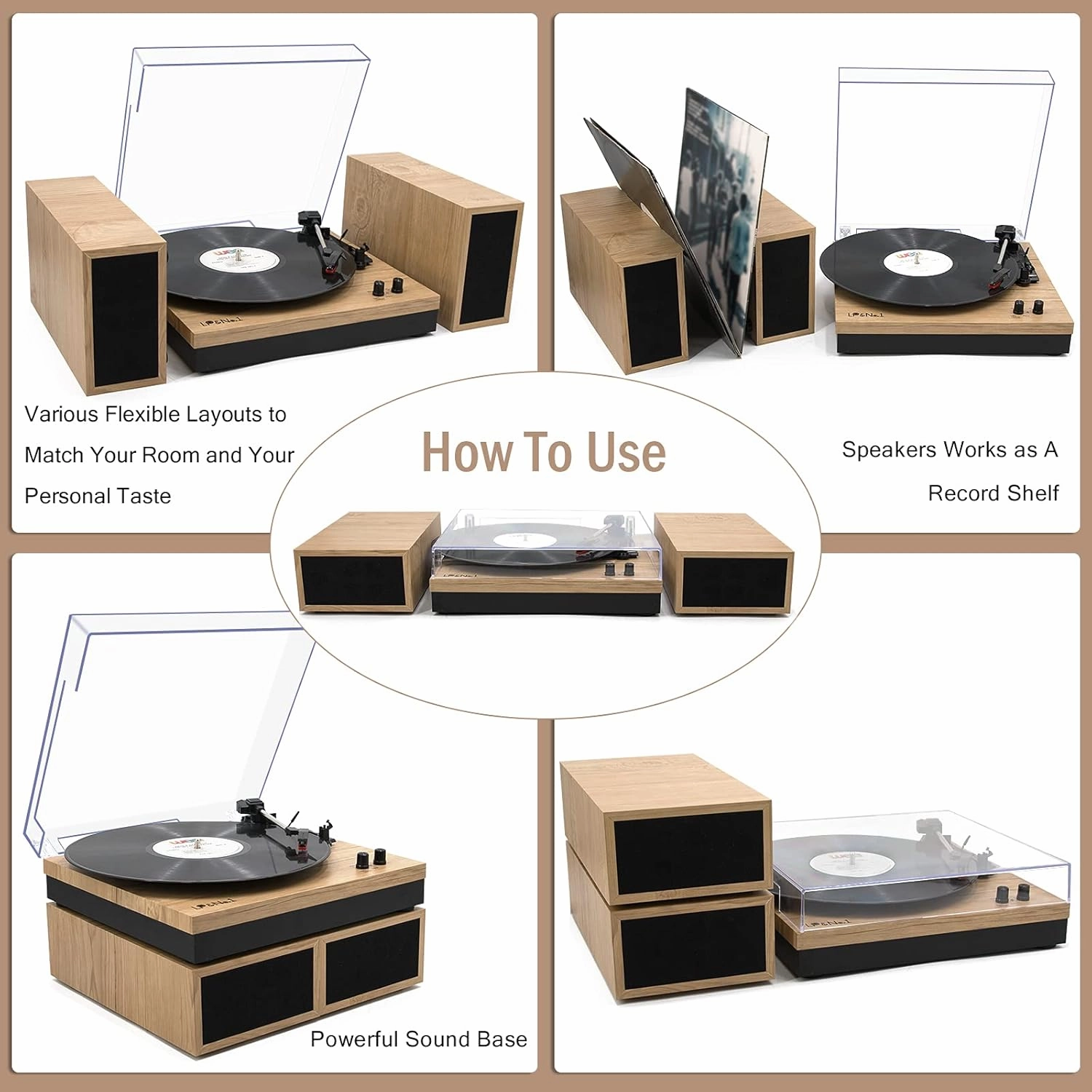 LP&No.1 Vinyl Record Player with Stereo Bookshelf Speakers, 3-Speed Belt-Drive Turntable for Vinyl Albums with Wireless Music Playback, Built-in Pre-Amplifier & Auto Stop | Beige Wood