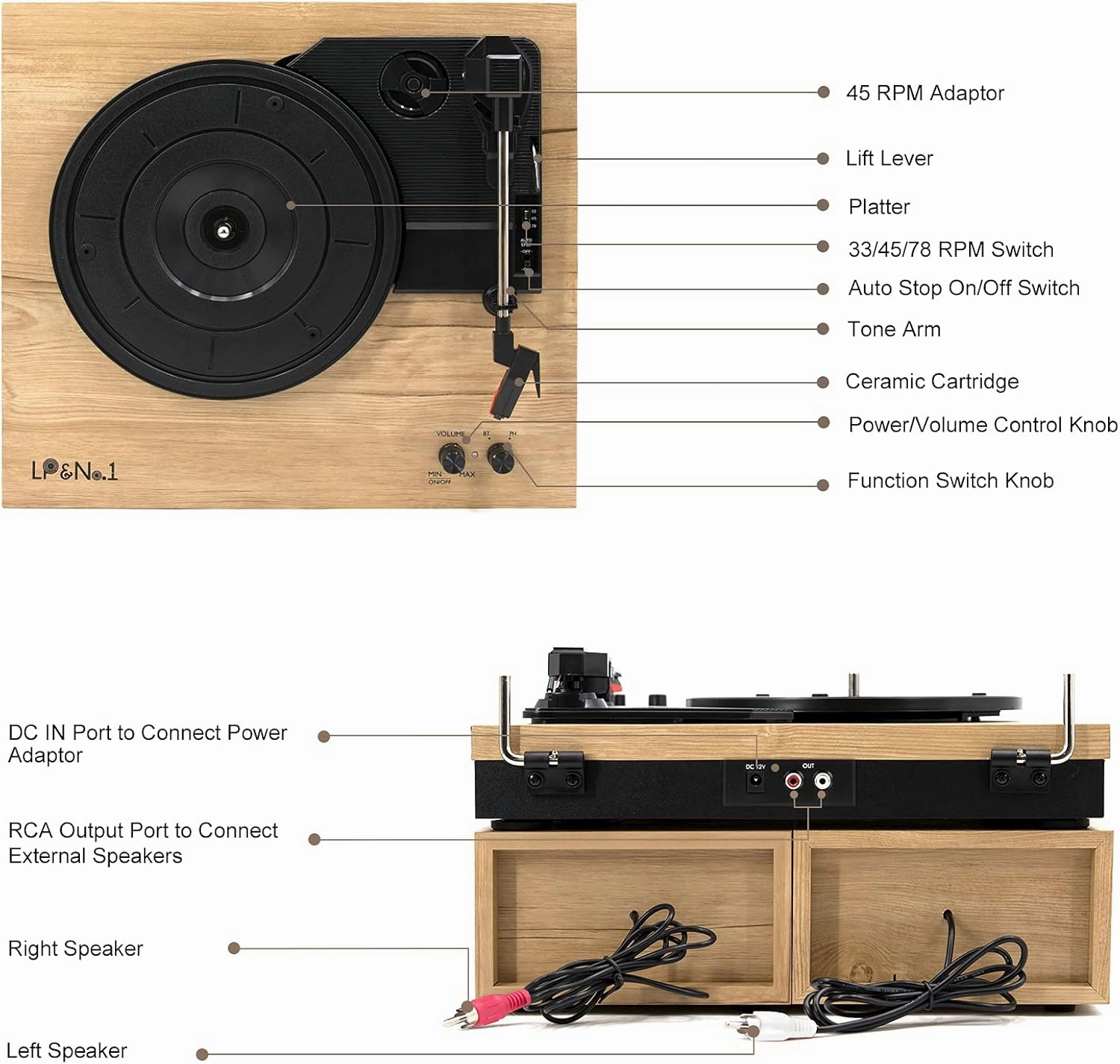 LP&No.1 Vinyl Record Player with Stereo Bookshelf Speakers, 3-Speed Belt-Drive Turntable for Vinyl Albums with Wireless Music Playback, Built-in Pre-Amplifier & Auto Stop | Beige Wood